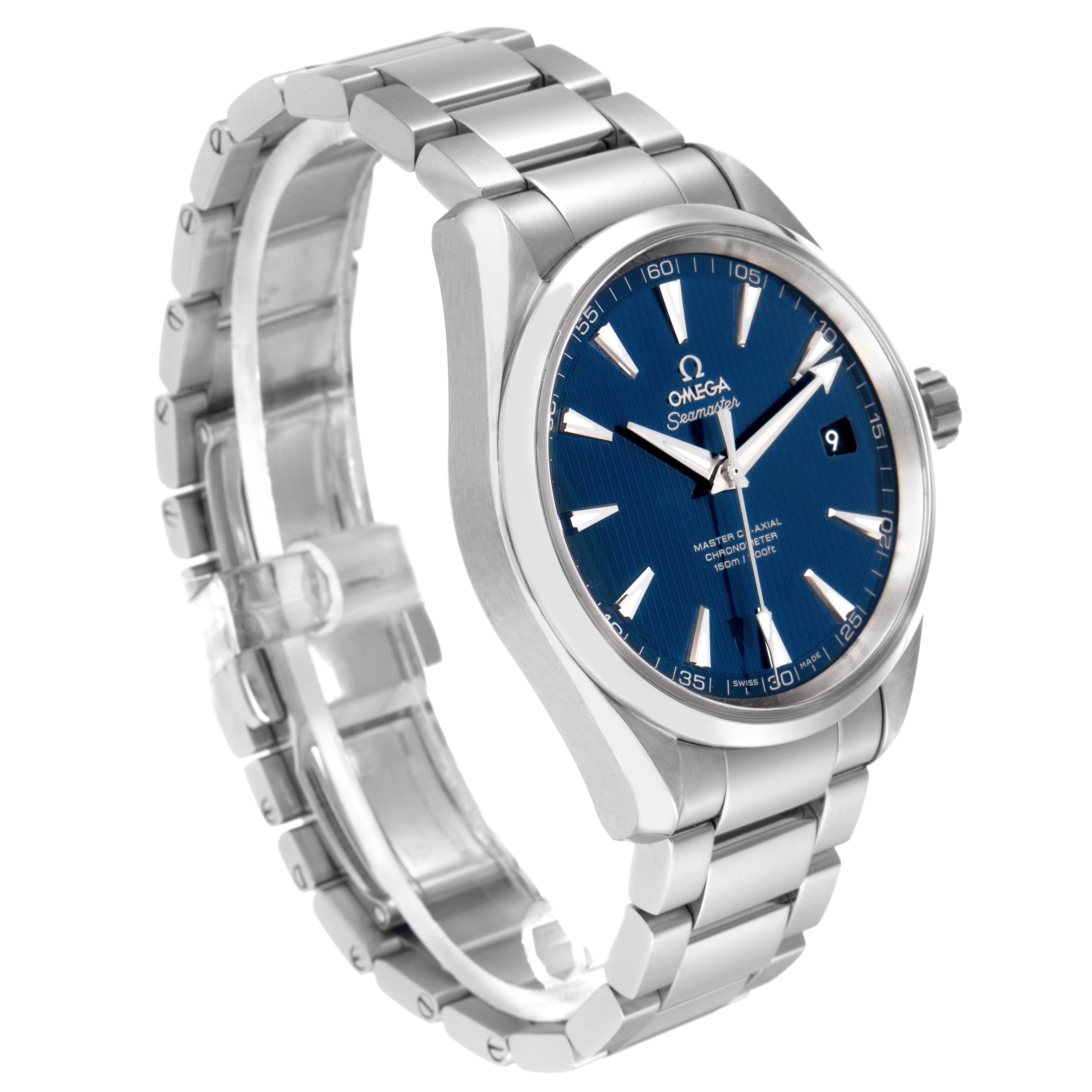 The Omega Aqua Terra model 231.10.42.21.03.003 is shown at a slight angle, displaying its blue dial, stainless steel bracelet, and side view of the case.