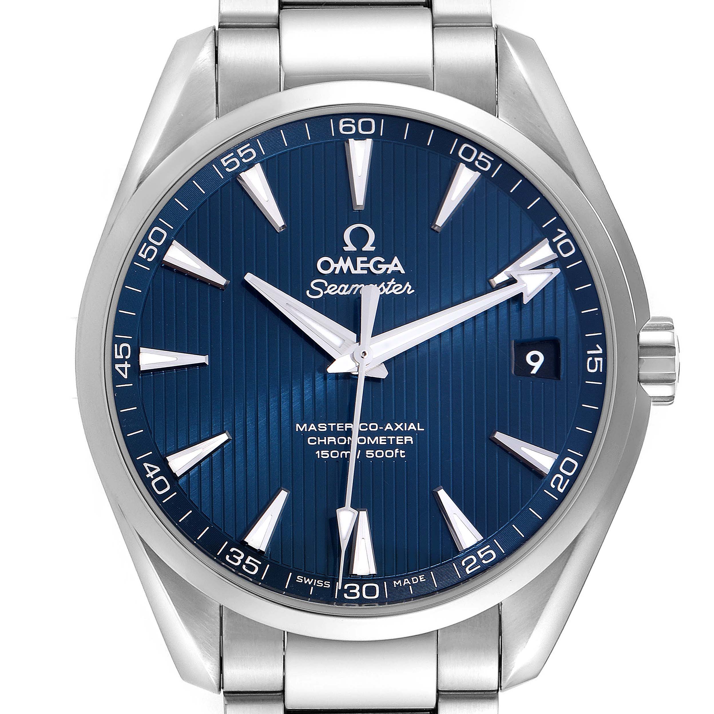 The Omega Aqua Terra model 231.10.42.21.03.003 watch is shown from a front angle, highlighting its blue dial, hands, markers, and part of the metal bracelet.
