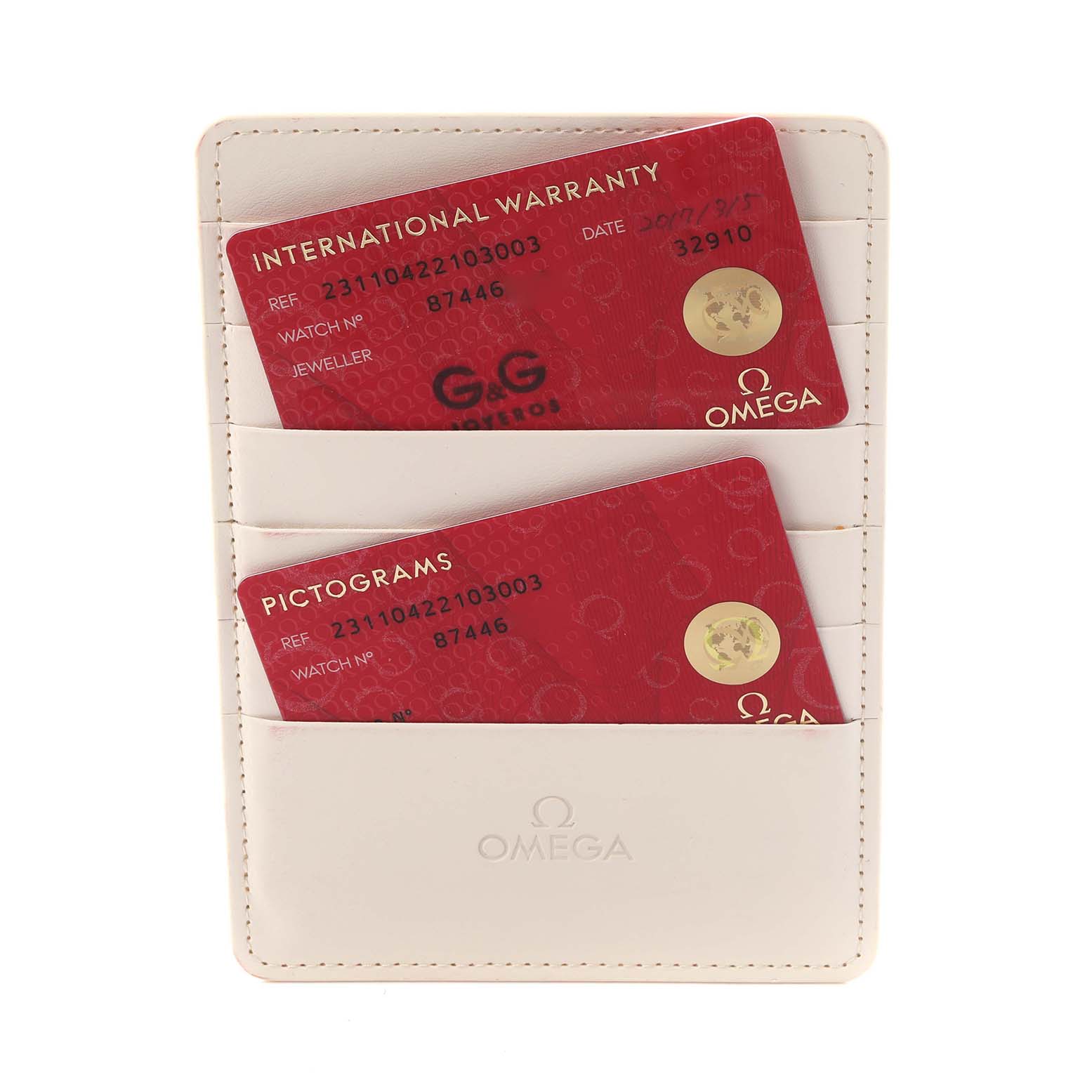 The image shows warranty and pictogram cards for an Omega Aqua Terra model, number 231.10.42.21.03.003, in a branded cardholder.