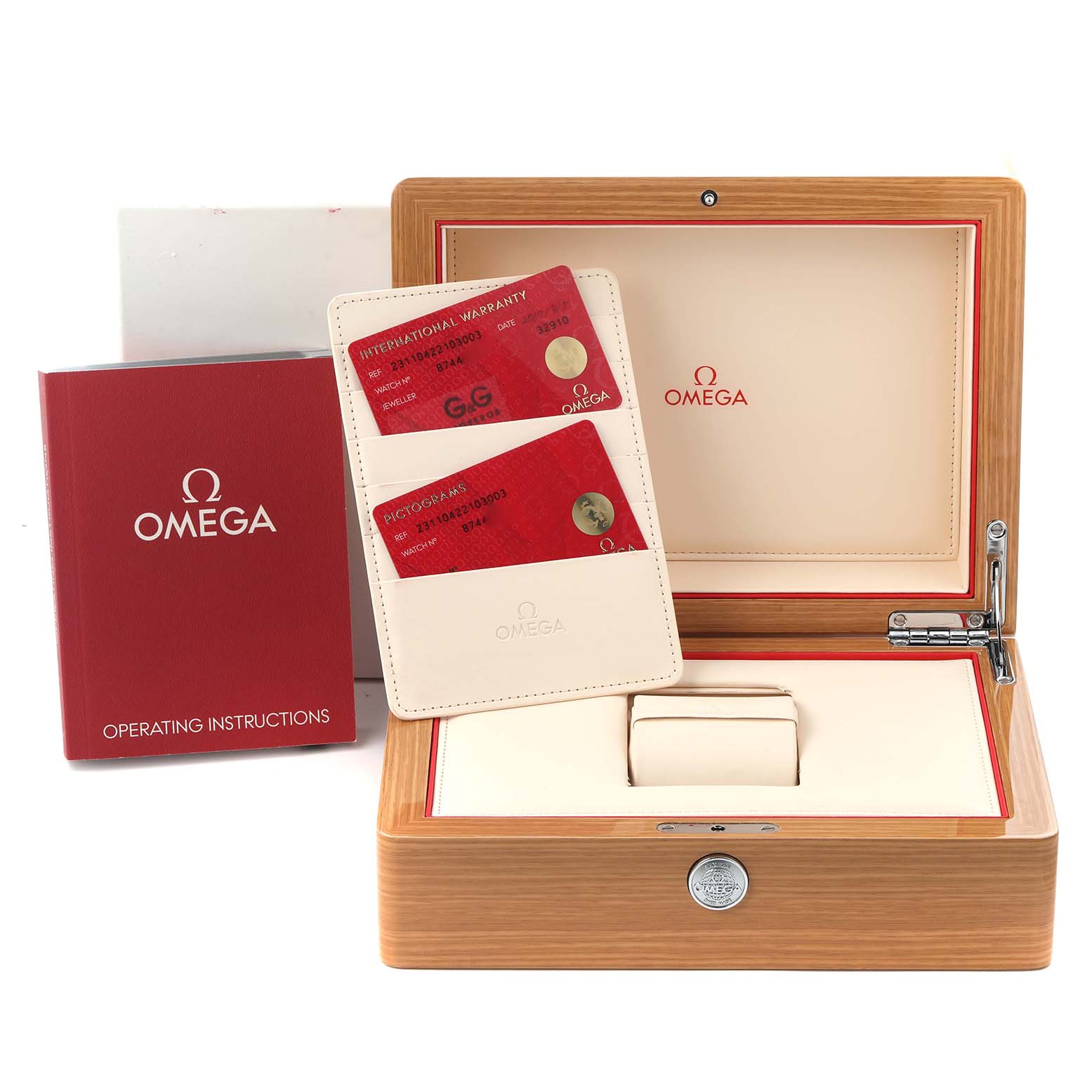 The image shows the packaging and accessories for an Omega Aqua Terra watch, model 231.10.42.21.03.003, including a wooden box, documentation, and warranty cards.
