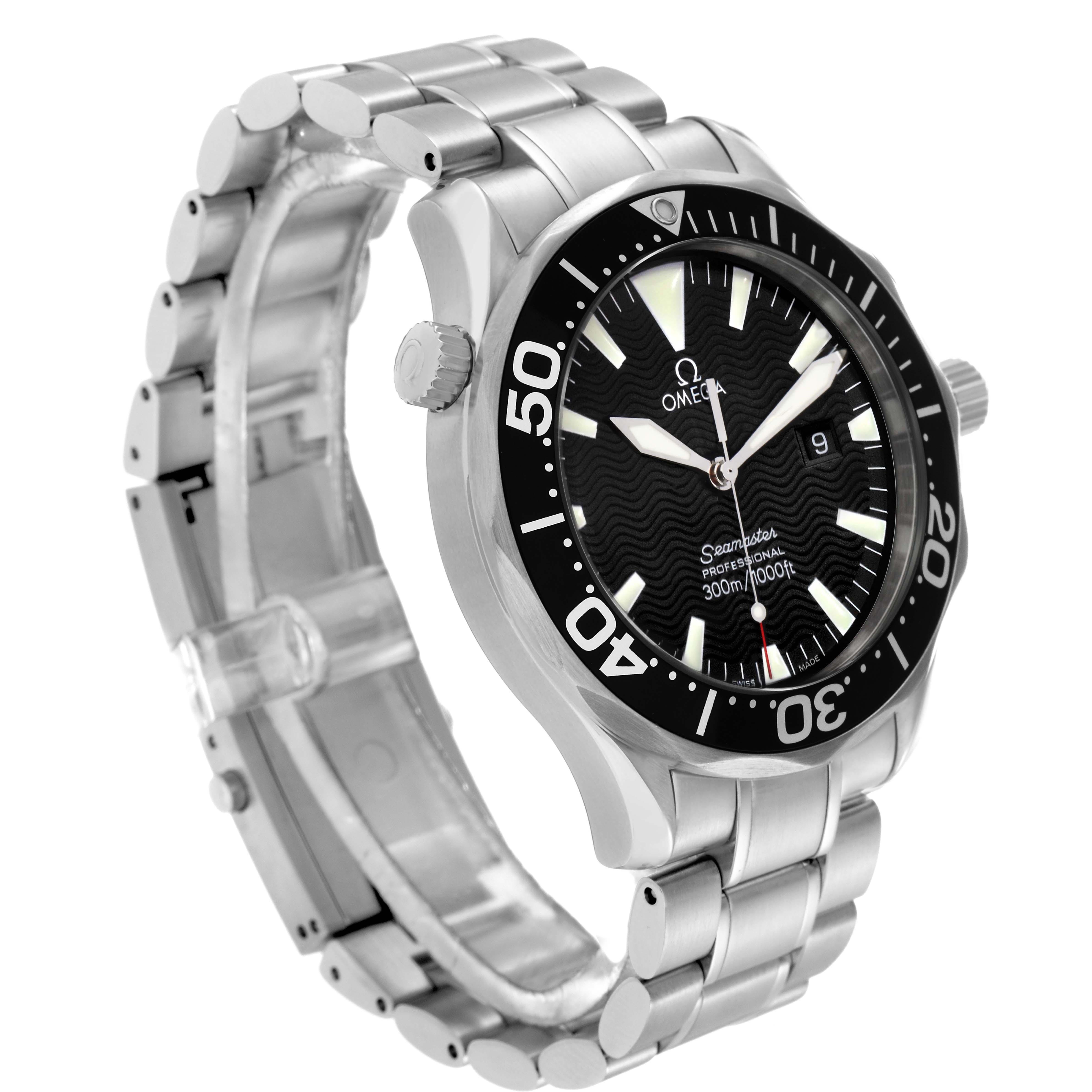The Omega Seamaster model 2264.50.00 is shown at an angled view, highlighting the black dial, bezel, bracelet, and crown.