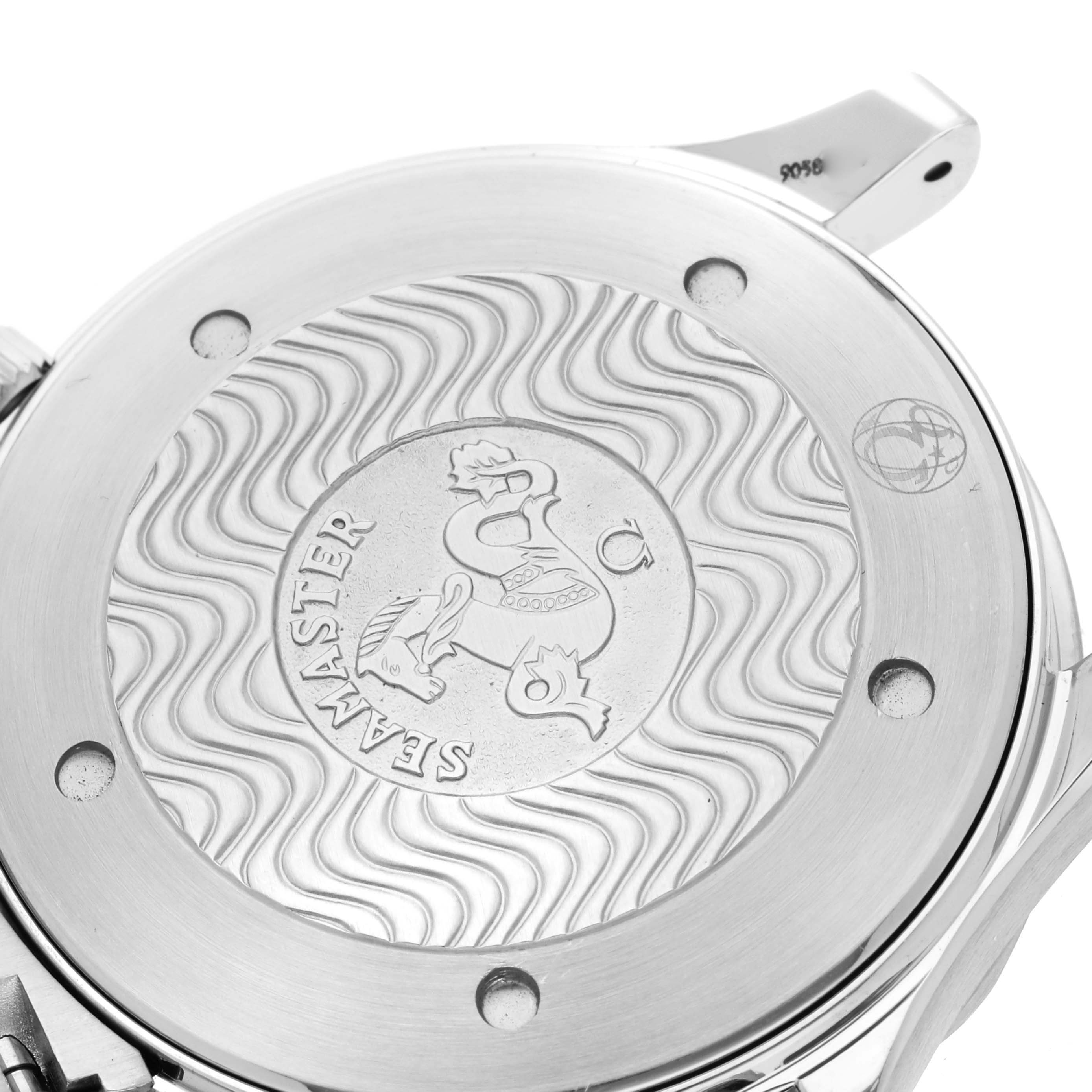 The image shows the case back of an Omega Seamaster model 2264.50.00 men's watch, featuring a wave pattern and the Seamaster emblem.