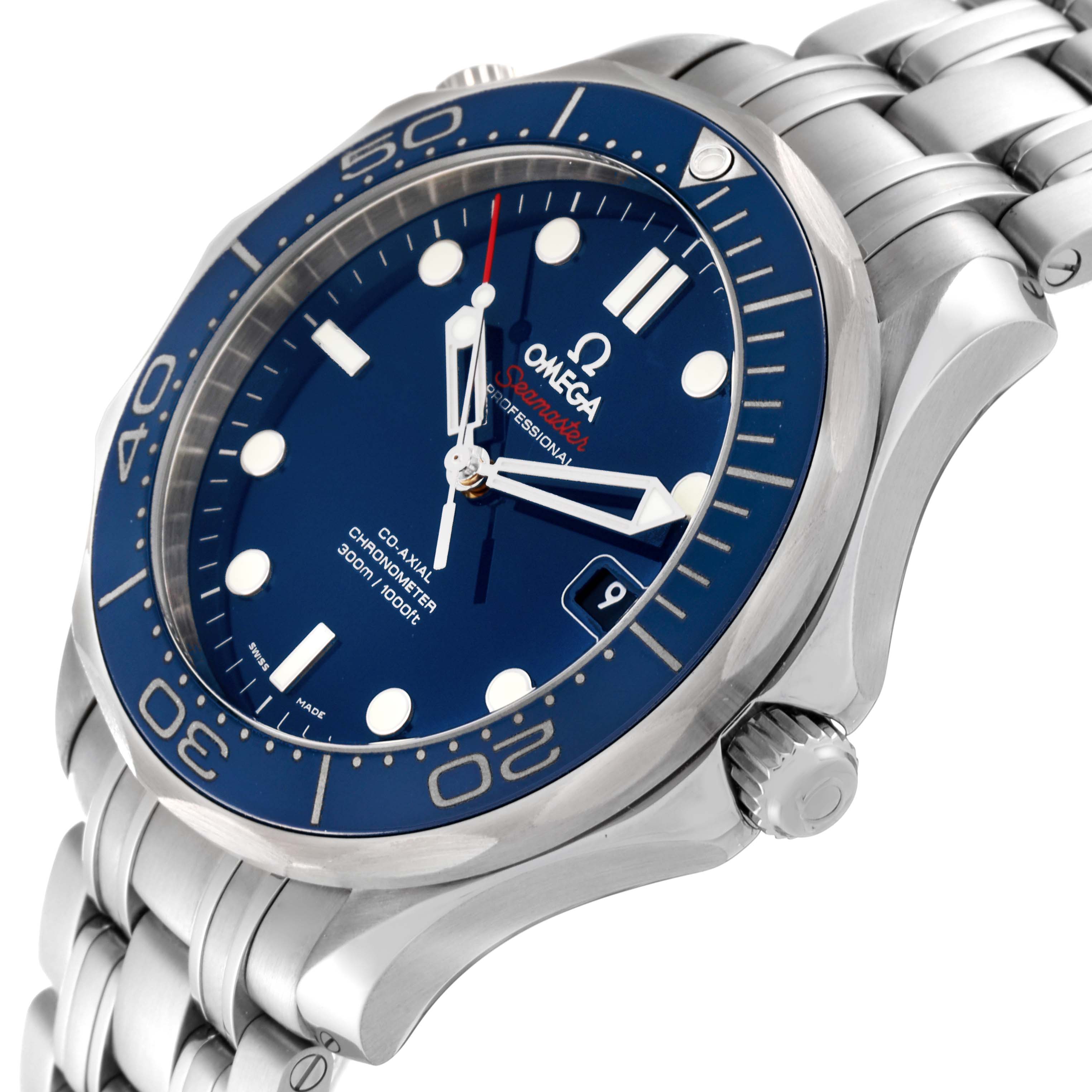 The image shows a close-up, angled view of the dial, bezel, and part of the bracelet of an Omega Seamaster 212.30.41.20.03.001 Men
s Stainless Steel Blue Dial 212.30.41.20.03.001 Men
s Stainless Steel Blue Dial watch.