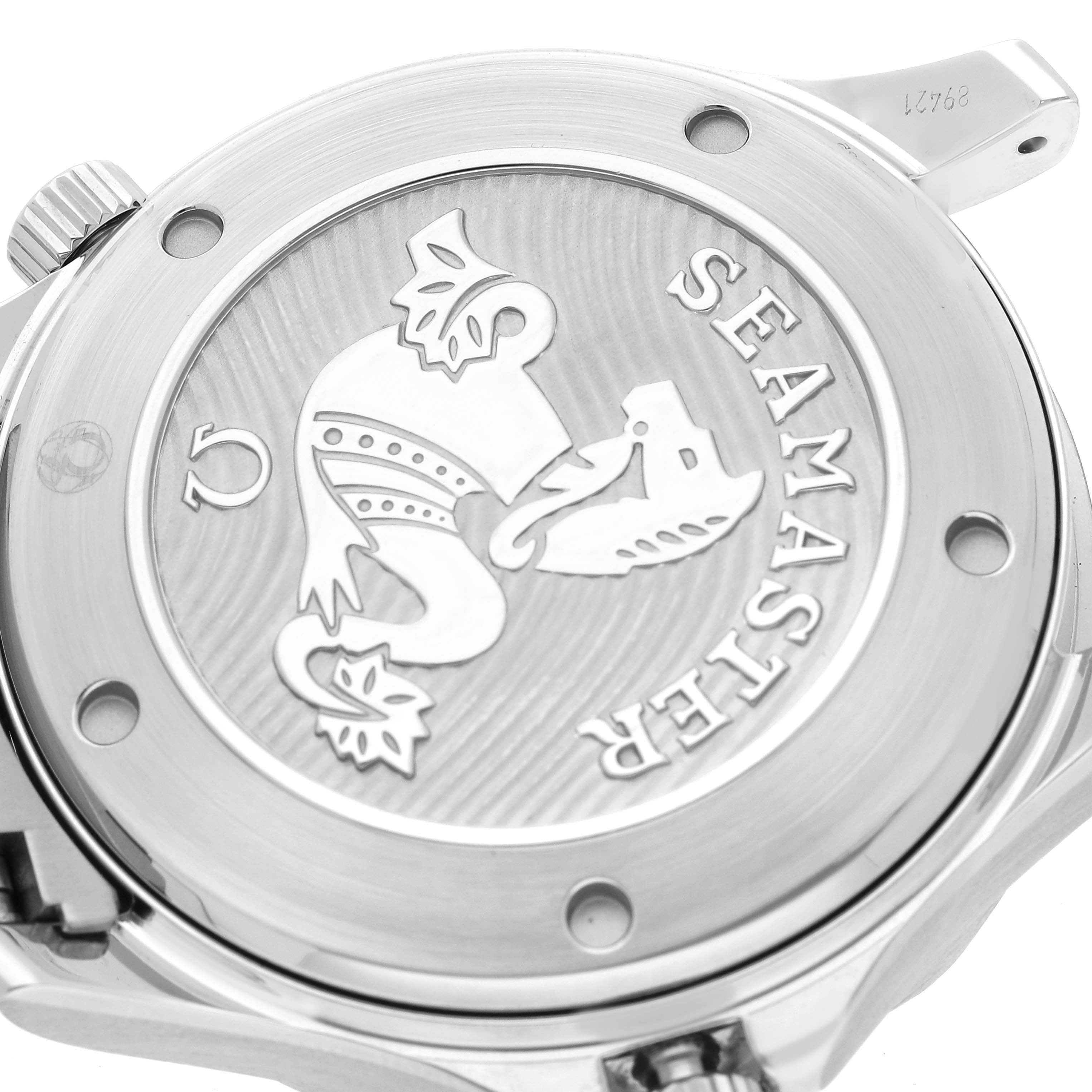 The image shows the case back of an Omega Seamaster 212.30.41.20.03.001 Men
s Stainless Steel Blue Dial 212.30.41.20.03.001 Men
s Stainless Steel Blue Dial watch, featuring embossed details and the brand
s logo.