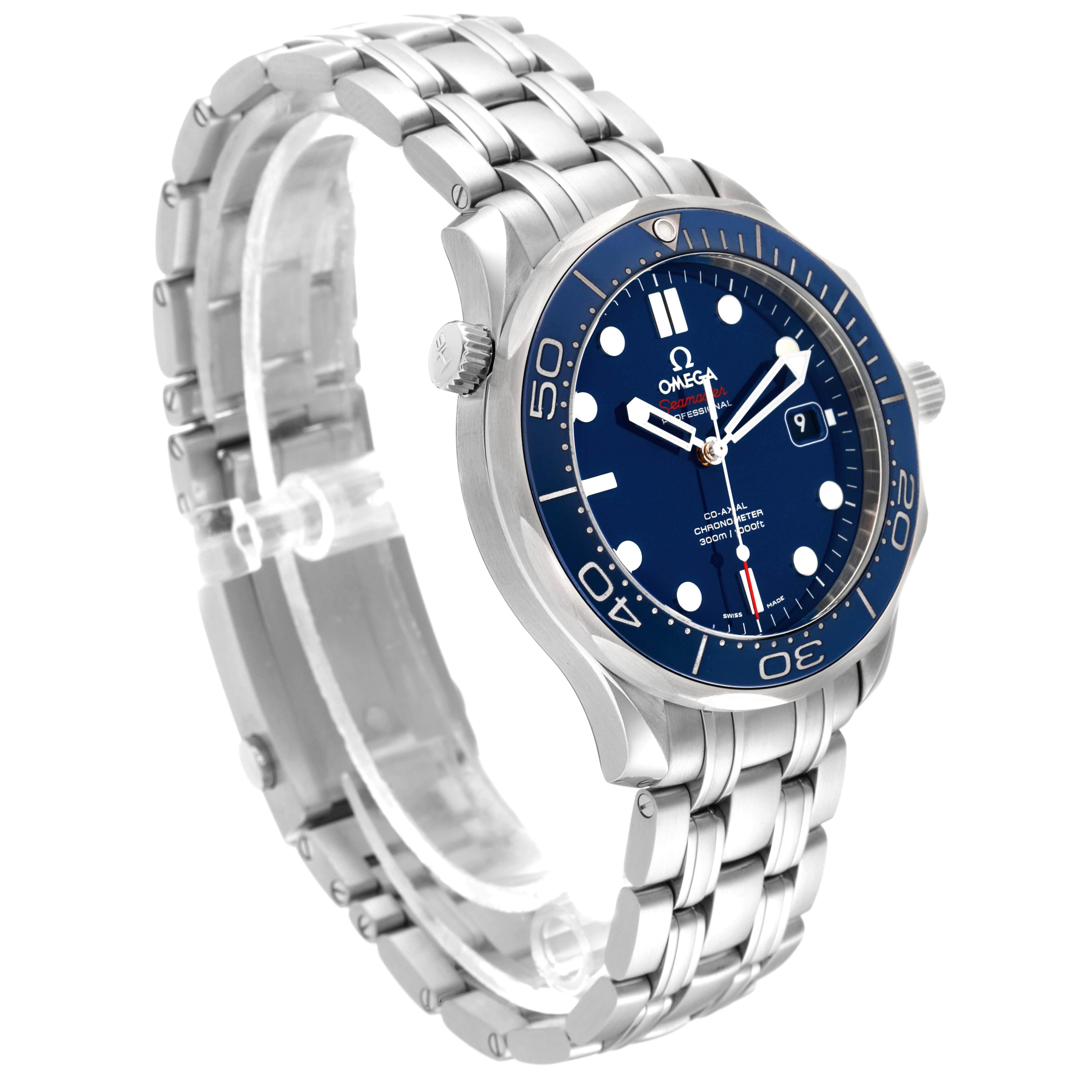 The Omega Seamaster 212.30.41.20.03.001 Men
s Stainless Steel Blue Dial 212.30.41.20.03.001 Men
s Stainless Steel Blue Dial model watch is shown at a slight angle, displaying its blue dial, bezel, and stainless steel bracelet.