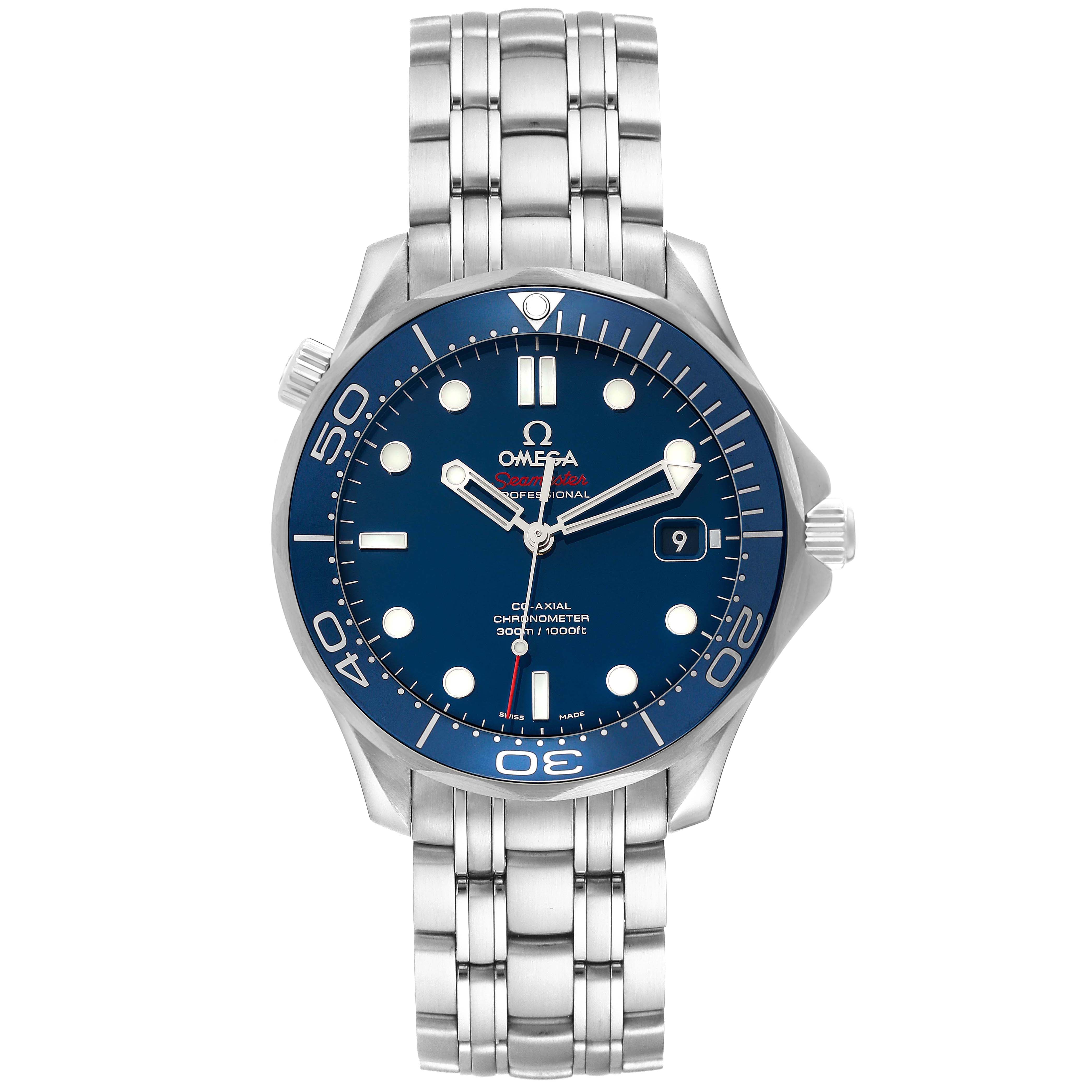 This image shows a front view of the Omega Seamaster 212.30.41.20.03.001 Men
s Stainless Steel Blue Dial 212.30.41.20.03.001 Men
s Stainless Steel Blue Dial watch, displaying the dial, bezel, and stainless steel bracelet.
