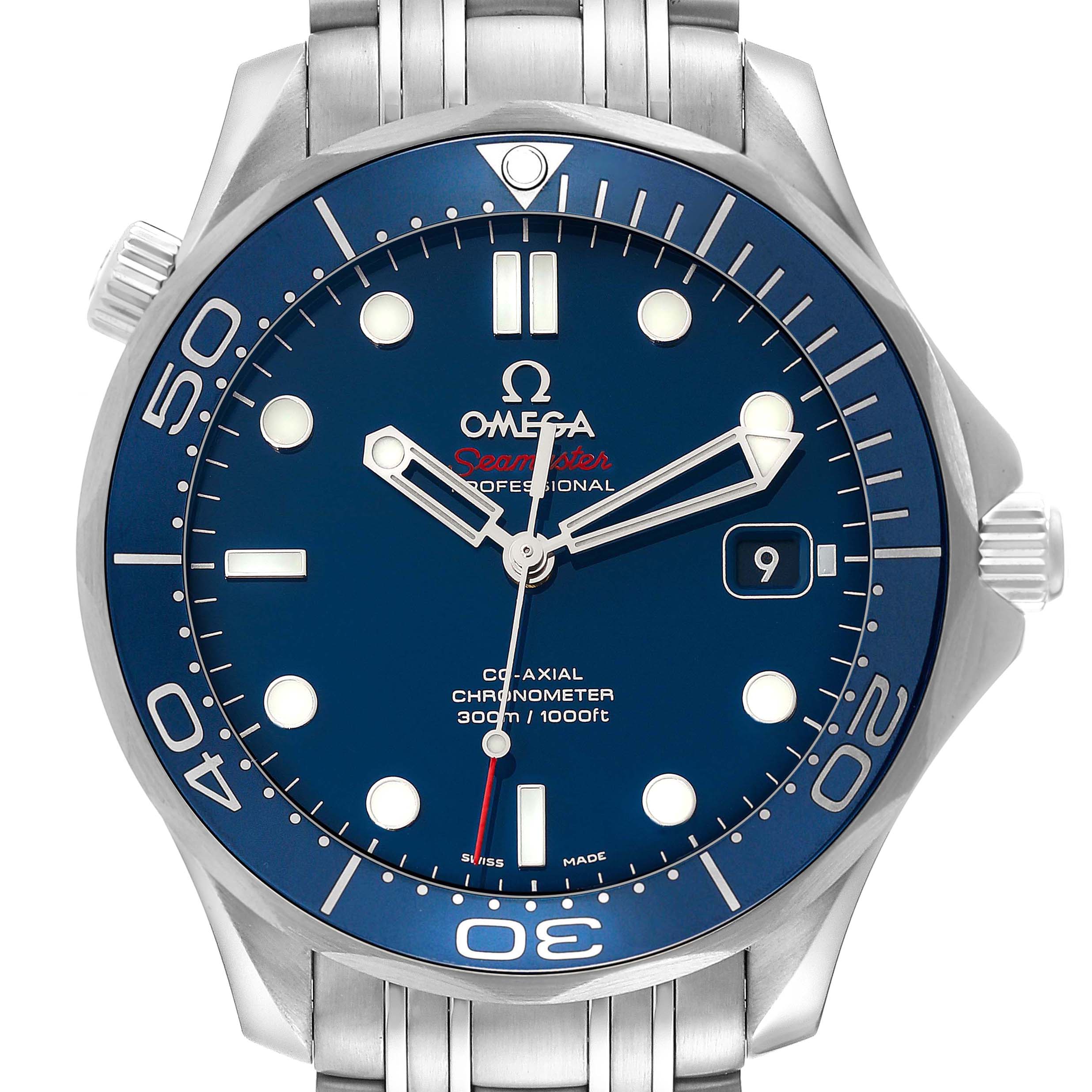The image shows a front-facing view of the Omega Seamaster 212.30.41.20.03.001 Men
s Stainless Steel Blue Dial 212.30.41.20.03.001 Men
s Stainless Steel Blue Dial watch, highlighting its blue dial, bezel, and stainless steel bracelet.