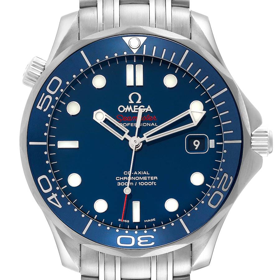 The image shows a front-facing view of the Omega Seamaster watch, highlighting its blue dial, bezel, and stainless steel bracelet.