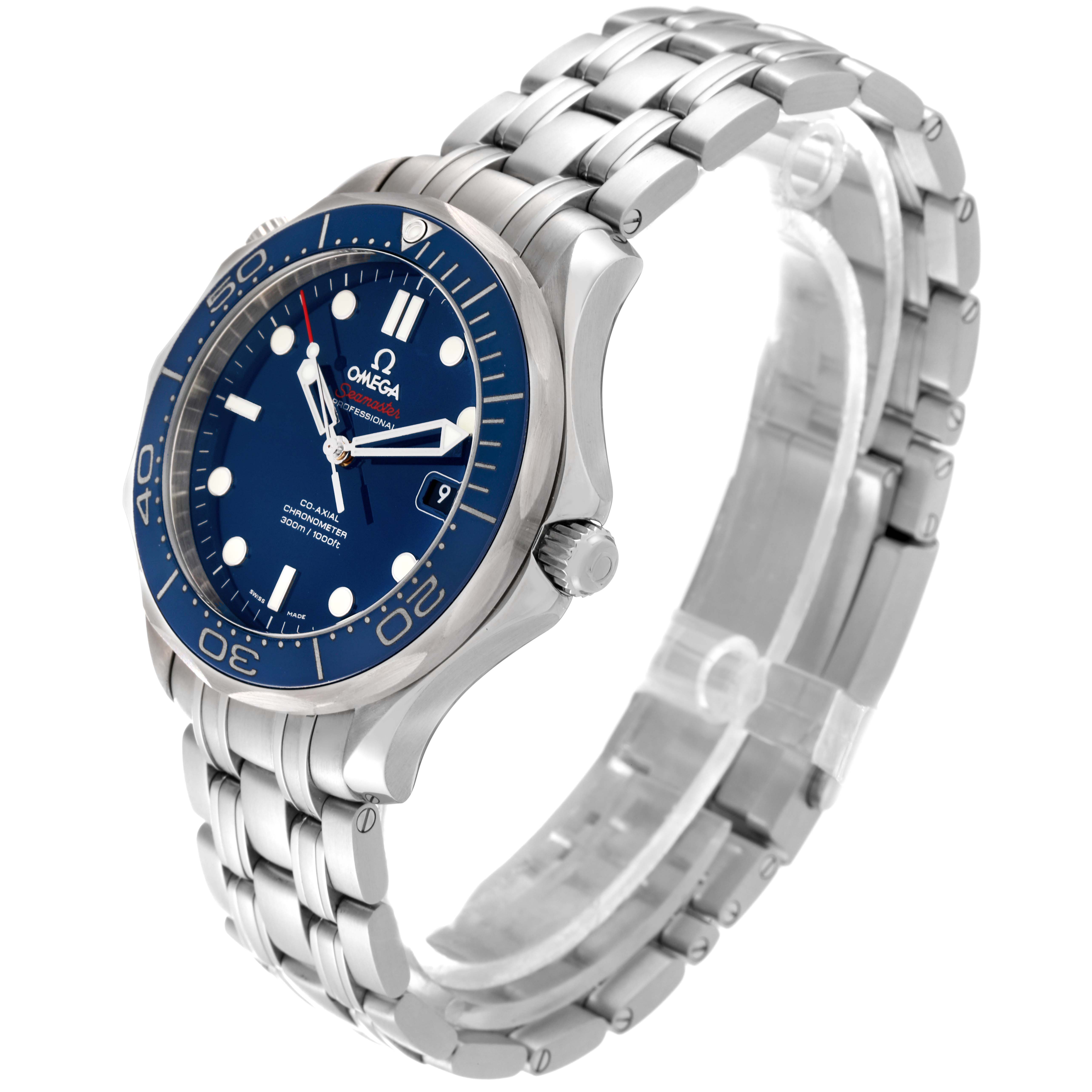 The image shows an Omega Seamaster 212.30.41.20.03.001 Men
s Stainless Steel Blue Dial 212.30.41.20.03.001 Men
s Stainless Steel Blue Dial watch from a 3/4 angle, highlighting its blue dial, bezel, and stainless steel bracelet.