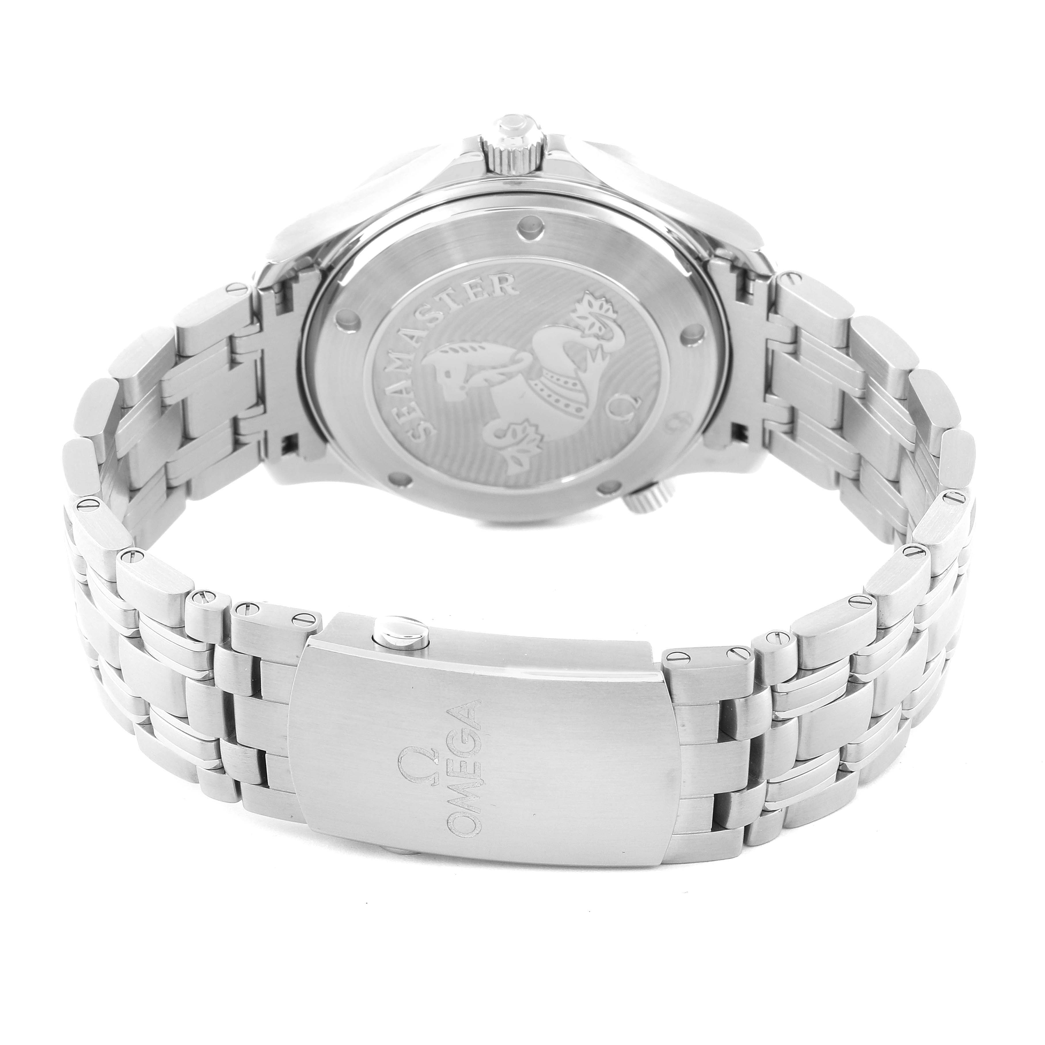 The image shows the back case and bracelet of an Omega Seamaster 212.30.41.20.03.001 Men
s Stainless Steel Blue Dial 212.30.41.20.03.001 Men
s Stainless Steel Blue Dial watch viewed at an angle showcasing the clasp and case back.