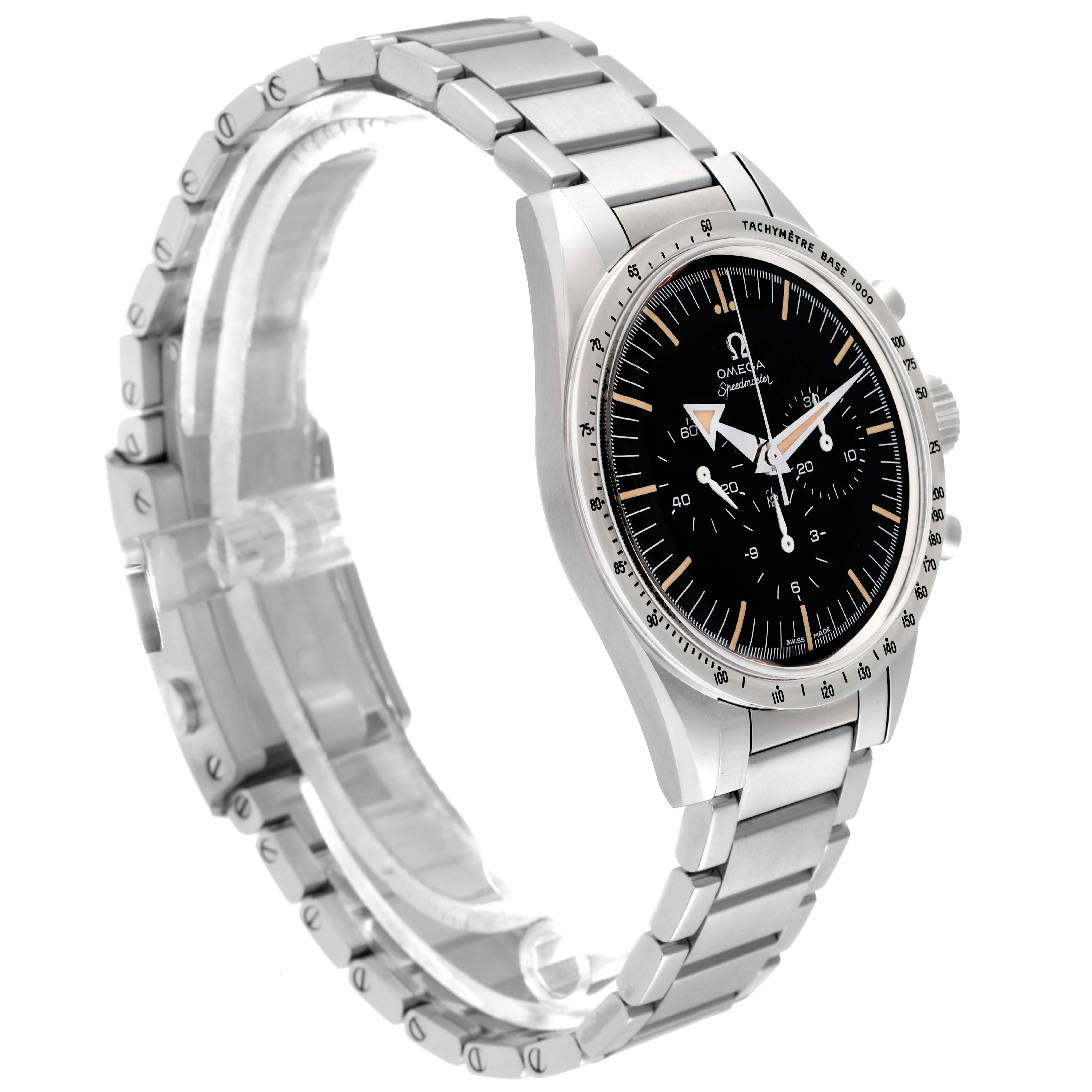 The Omega Speedmaster model 311.10.39.30.01.001 is shown at a side angle, displaying the face, tachymeter bezel, and metal bracelet.