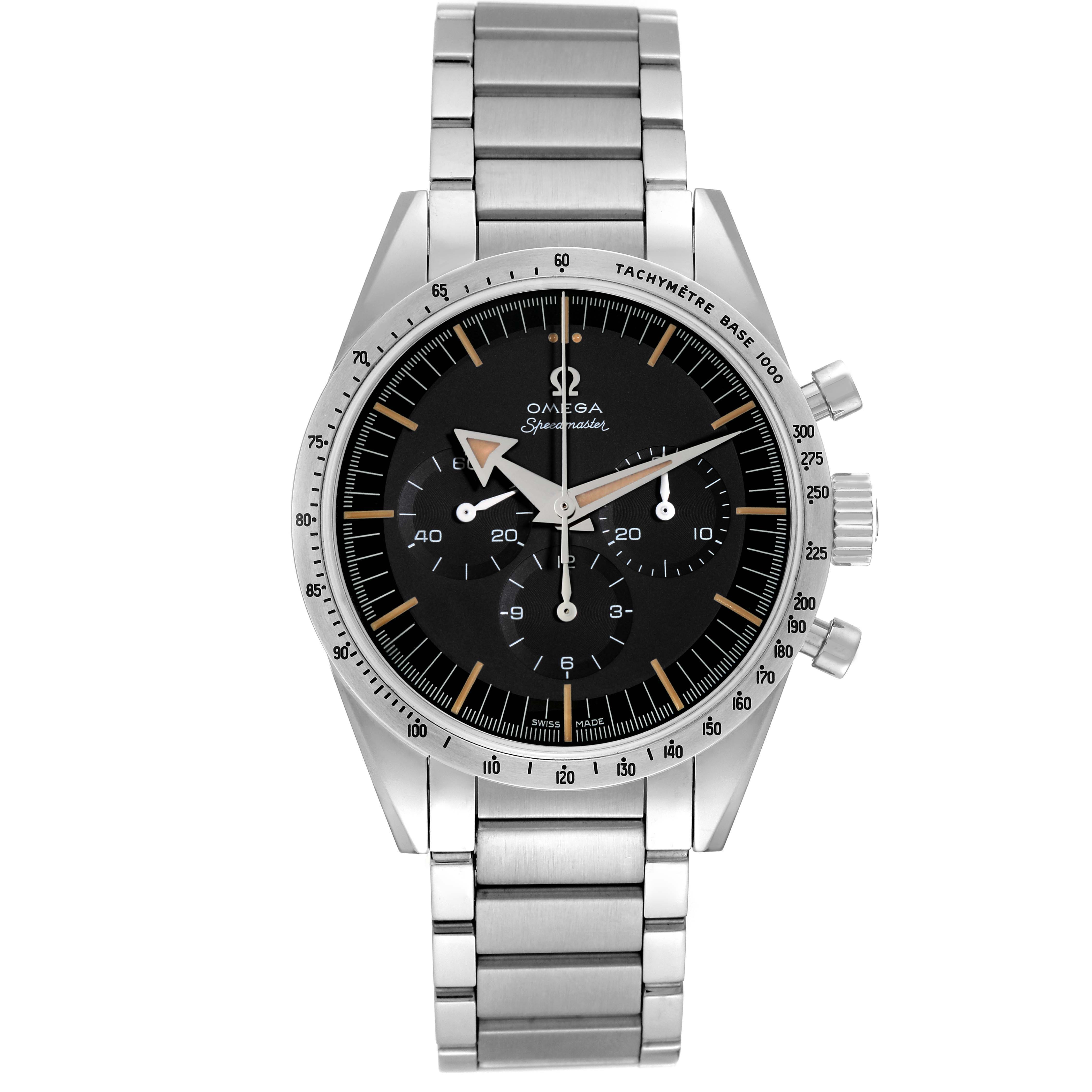 The Omega Speedmaster model 311.10.39.30.01.001 is shown from a front angle, displaying the dial, bezel, case, crown, pushers, and bracelet.