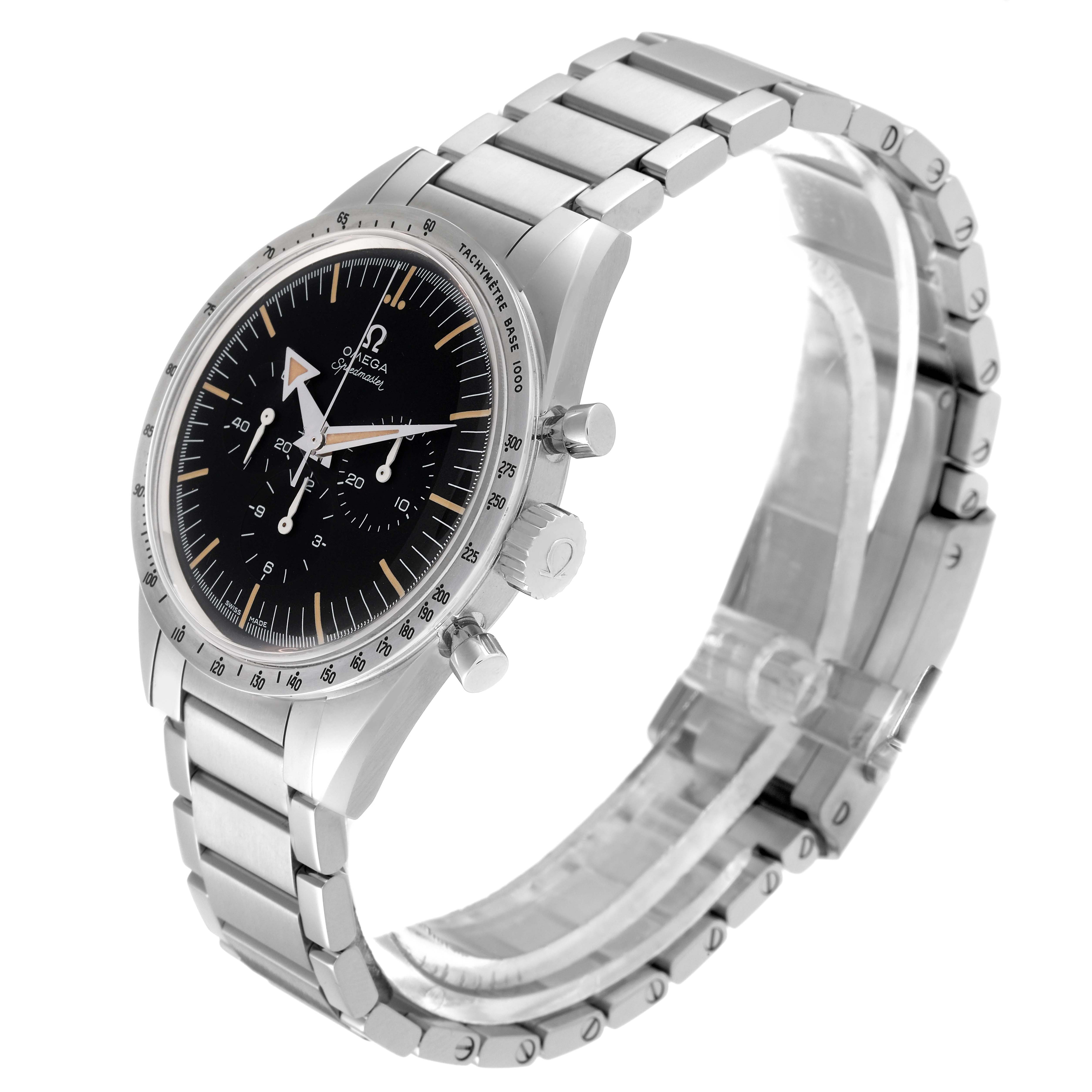 The Omega Speedmaster model 311.10.39.30.01.001 is shown at a three-quarter angle, highlighting the bracelet, bezel, and dial.