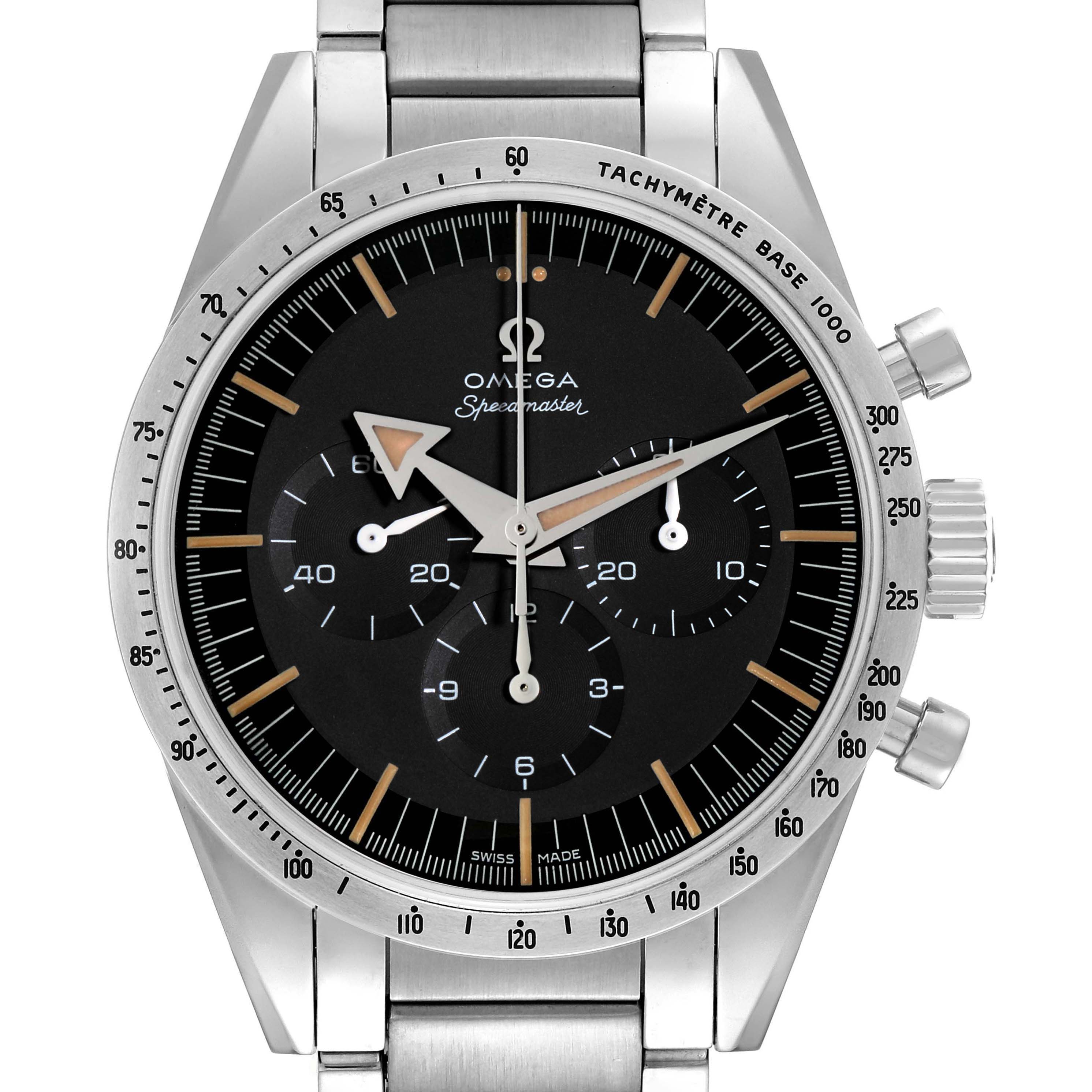 The Omega Speedmaster model 311.10.39.30.01.001 watch is shown from the front, displaying its face, tachymeter bezel, and chronograph dials.