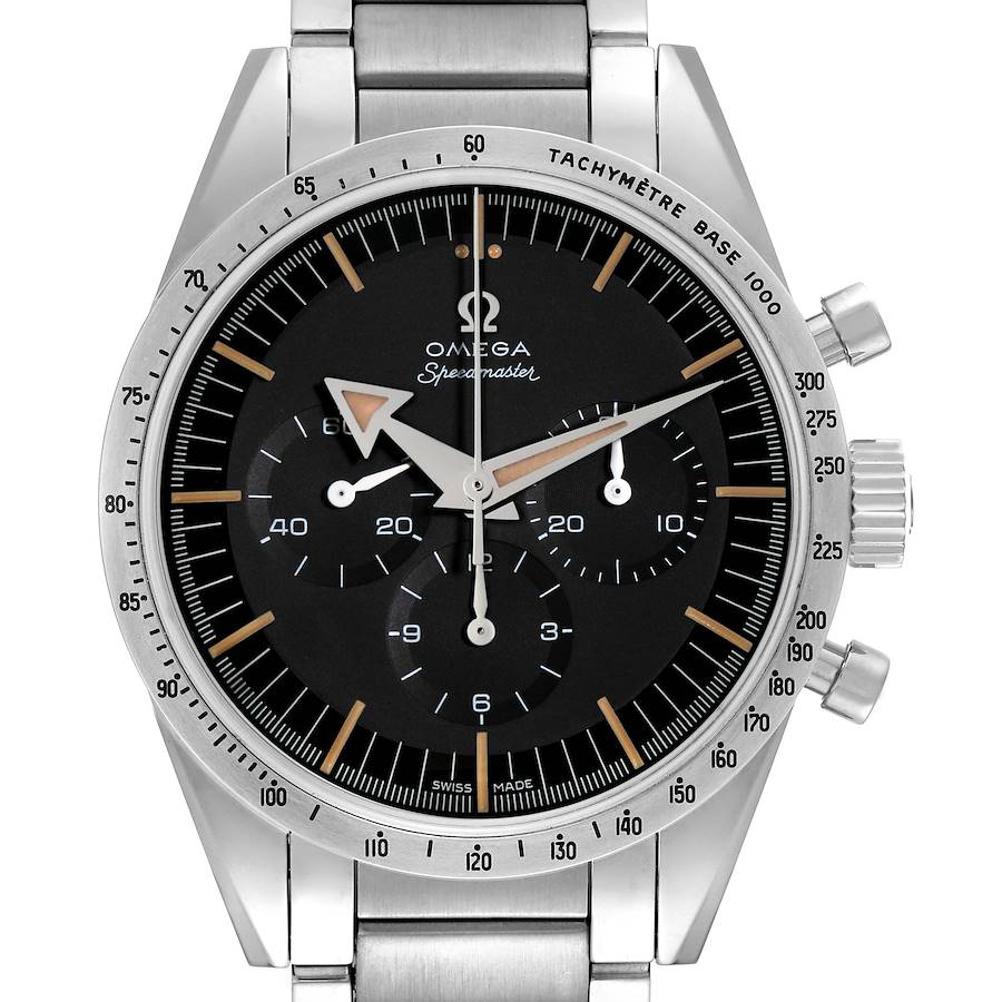 The Omega Speedmaster model 311.10.39.30.01.001 watch is shown from the front, displaying its face, tachymeter bezel, and chronograph dials.