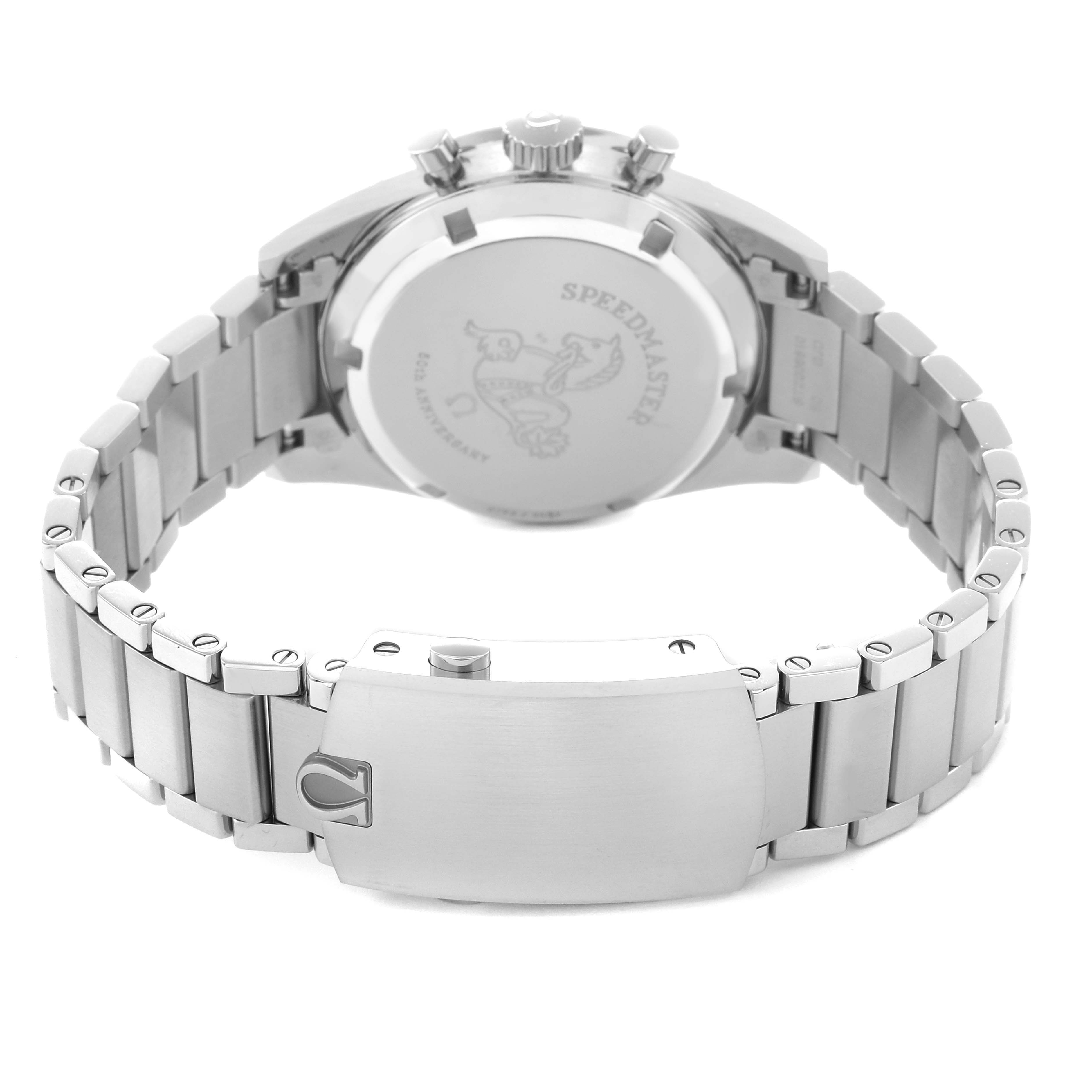 The Omega Speedmaster model 311.10.39.30.01.001 is shown from the rear angle, highlighting the clasp, bracelet, and case back details.