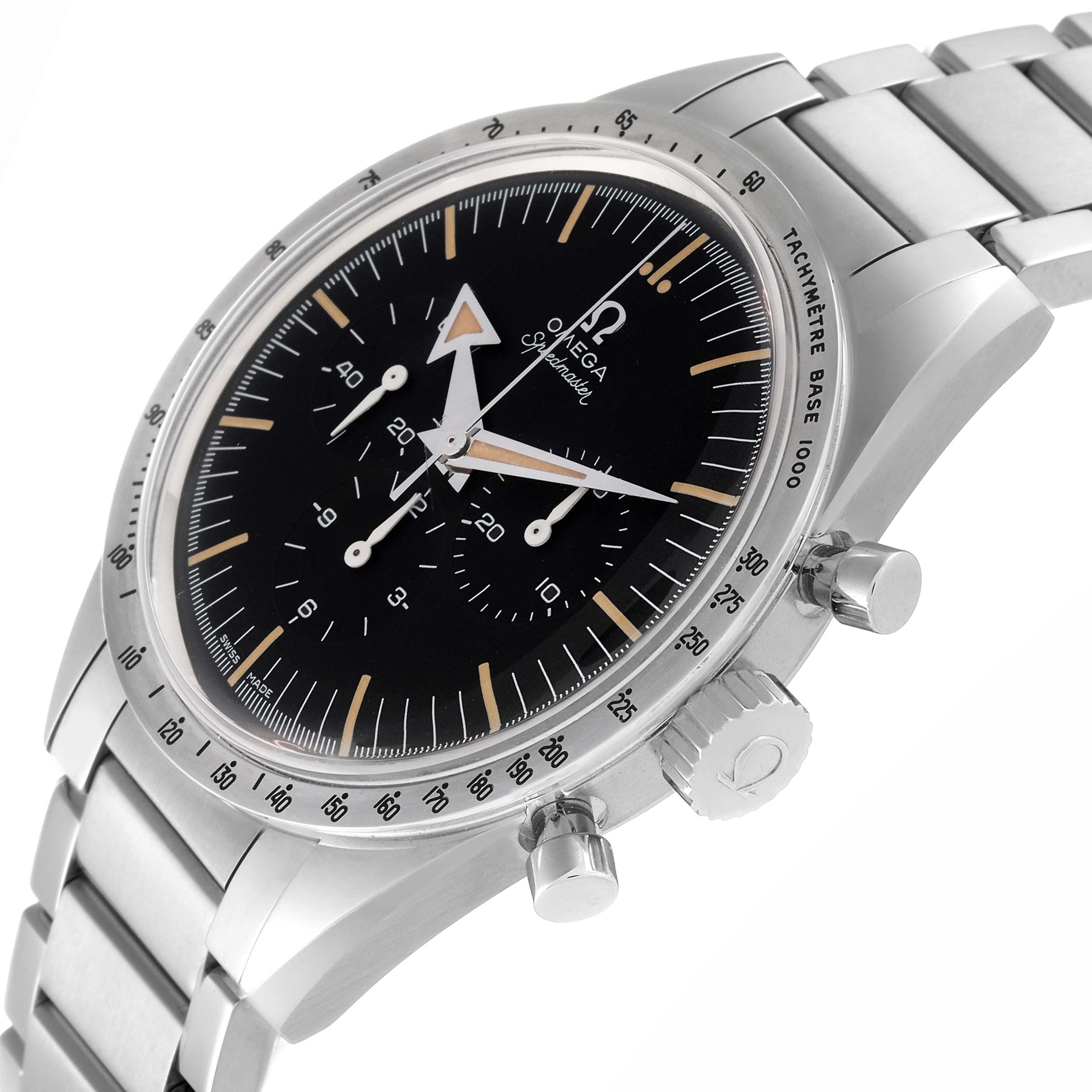 The Omega Speedmaster model 311.10.39.30.01.001 is shown at an angle highlighting the bezel, tachymeter, crown, pushers, and part of the stainless steel bracelet.