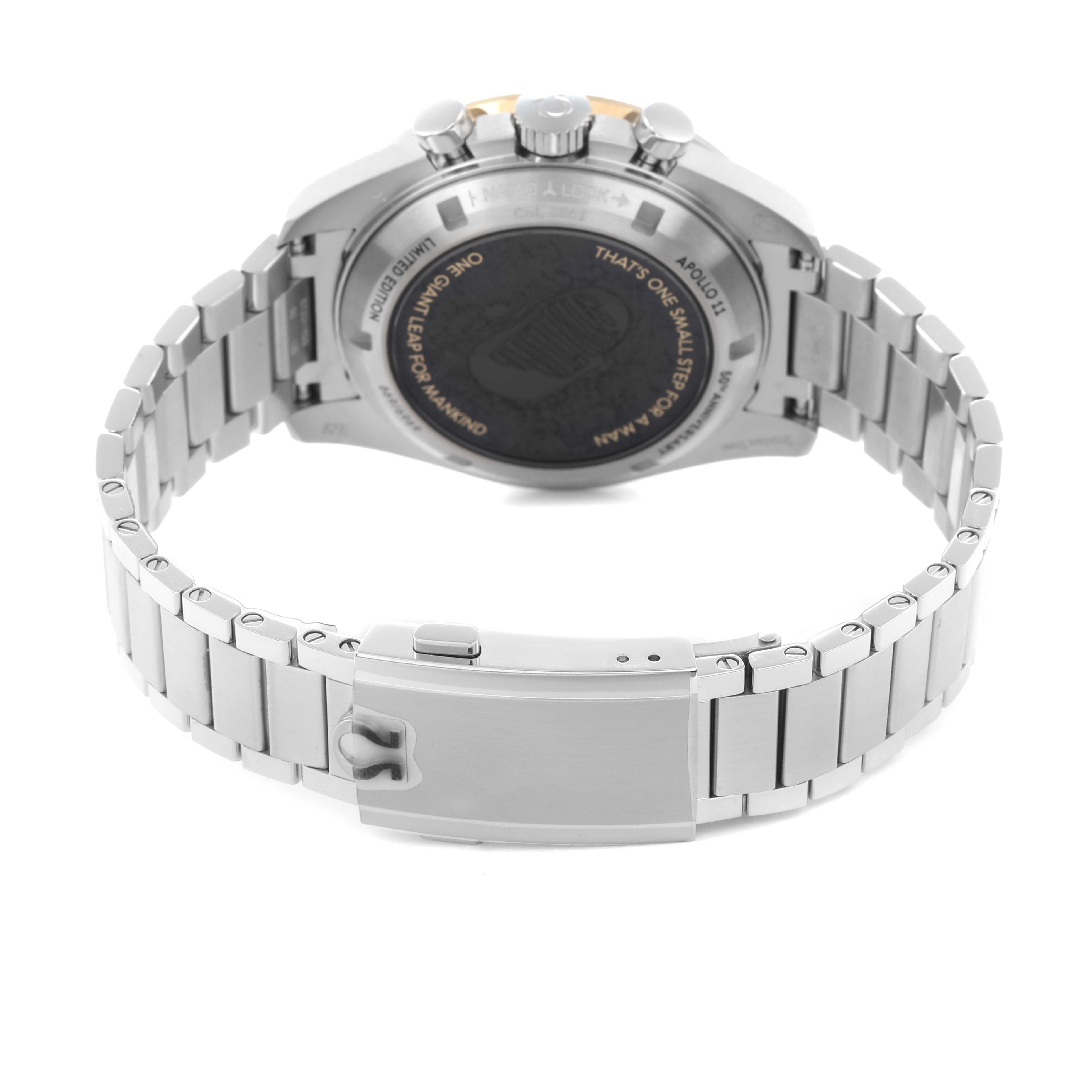 The image shows the back view of an Omega Speedmaster model 310.20.42.50.01.001, highlighting the case back and metal bracelet clasp.