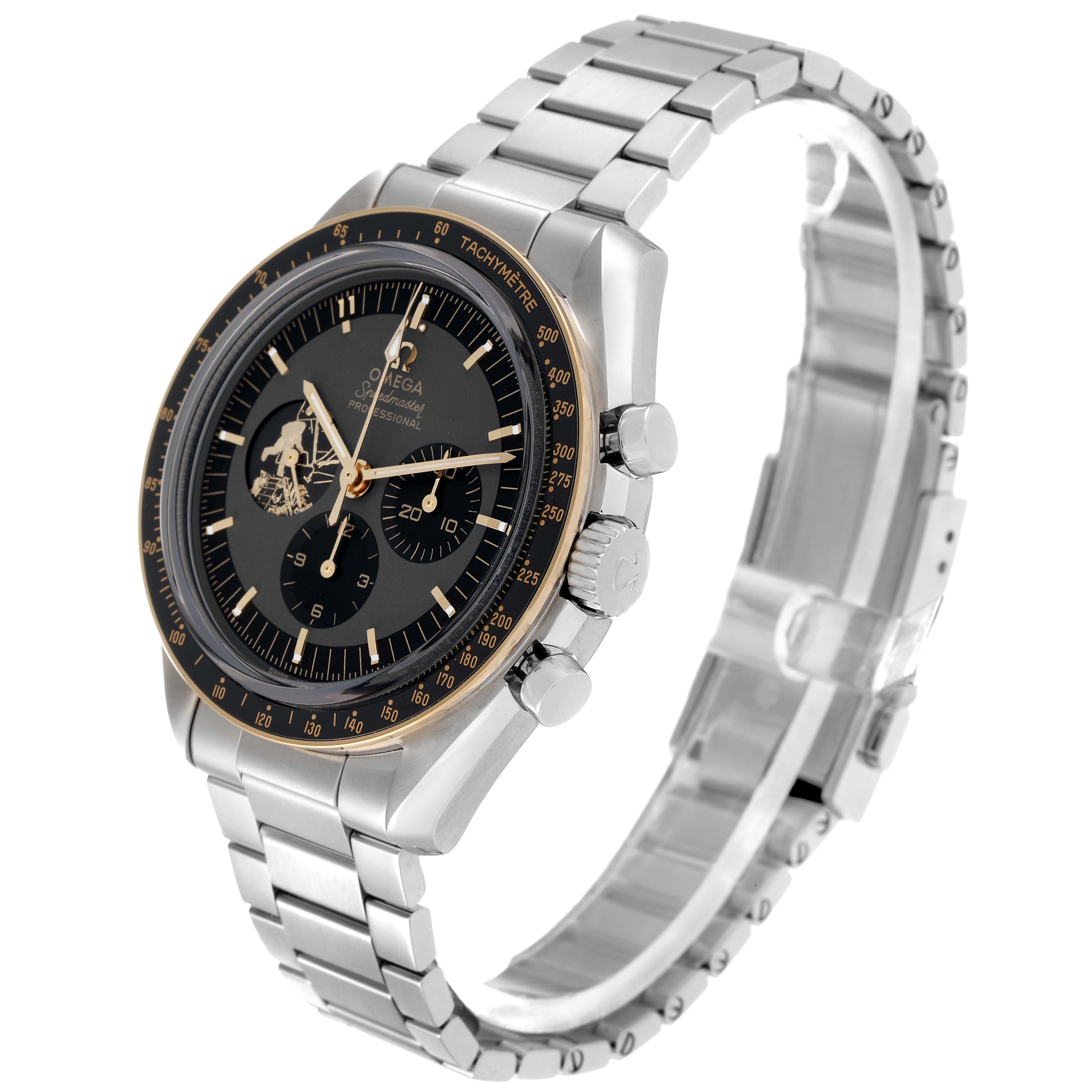 The Omega Speedmaster 310.20.42.50.01.001 watch is shown at a slight angle, highlighting the face, bezel, crown, and part of the metal bracelet.