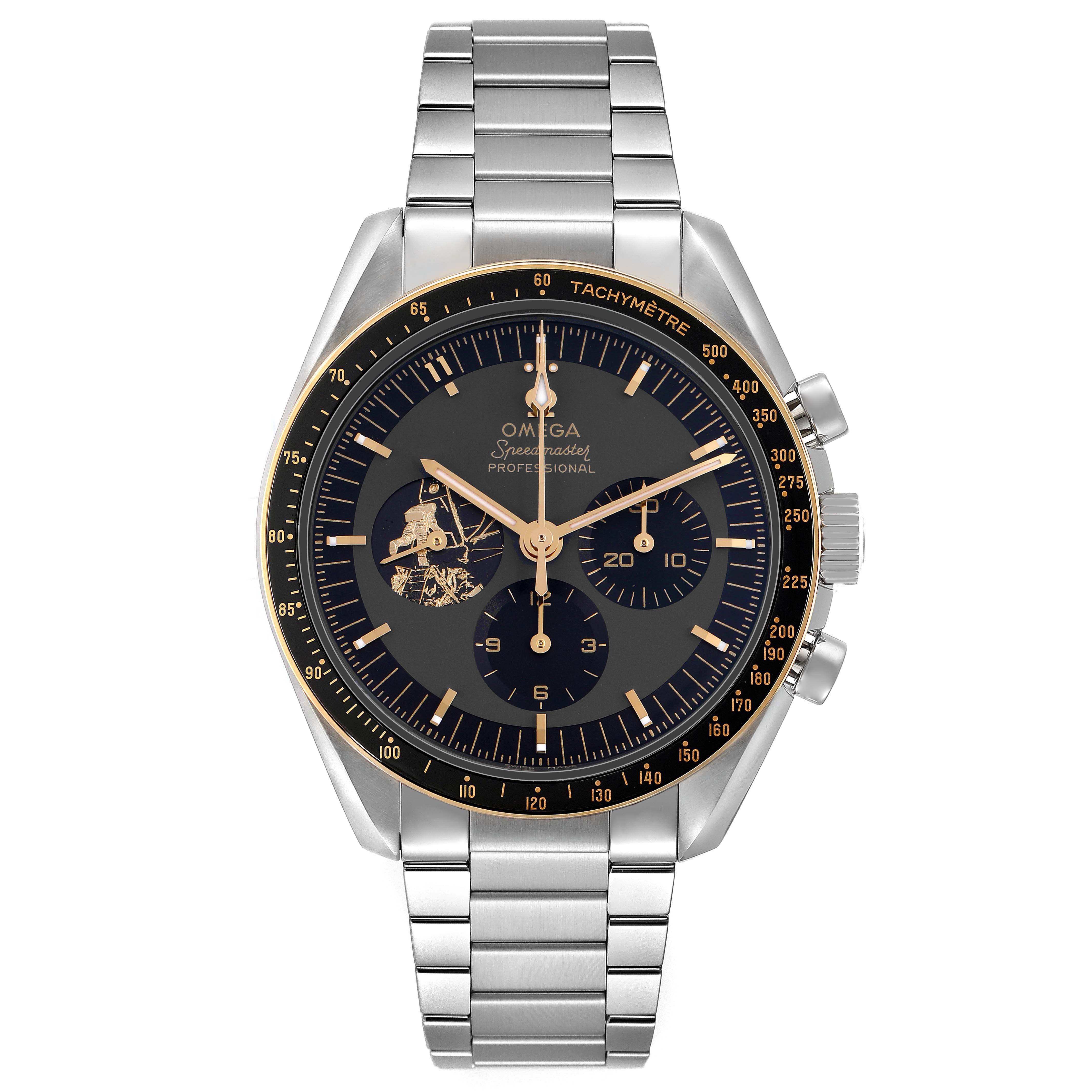 The image shows a front view of the Omega Speedmaster model number 310.20.42.50.01.001, displaying the watch face, subdials, and stainless steel bracelet.