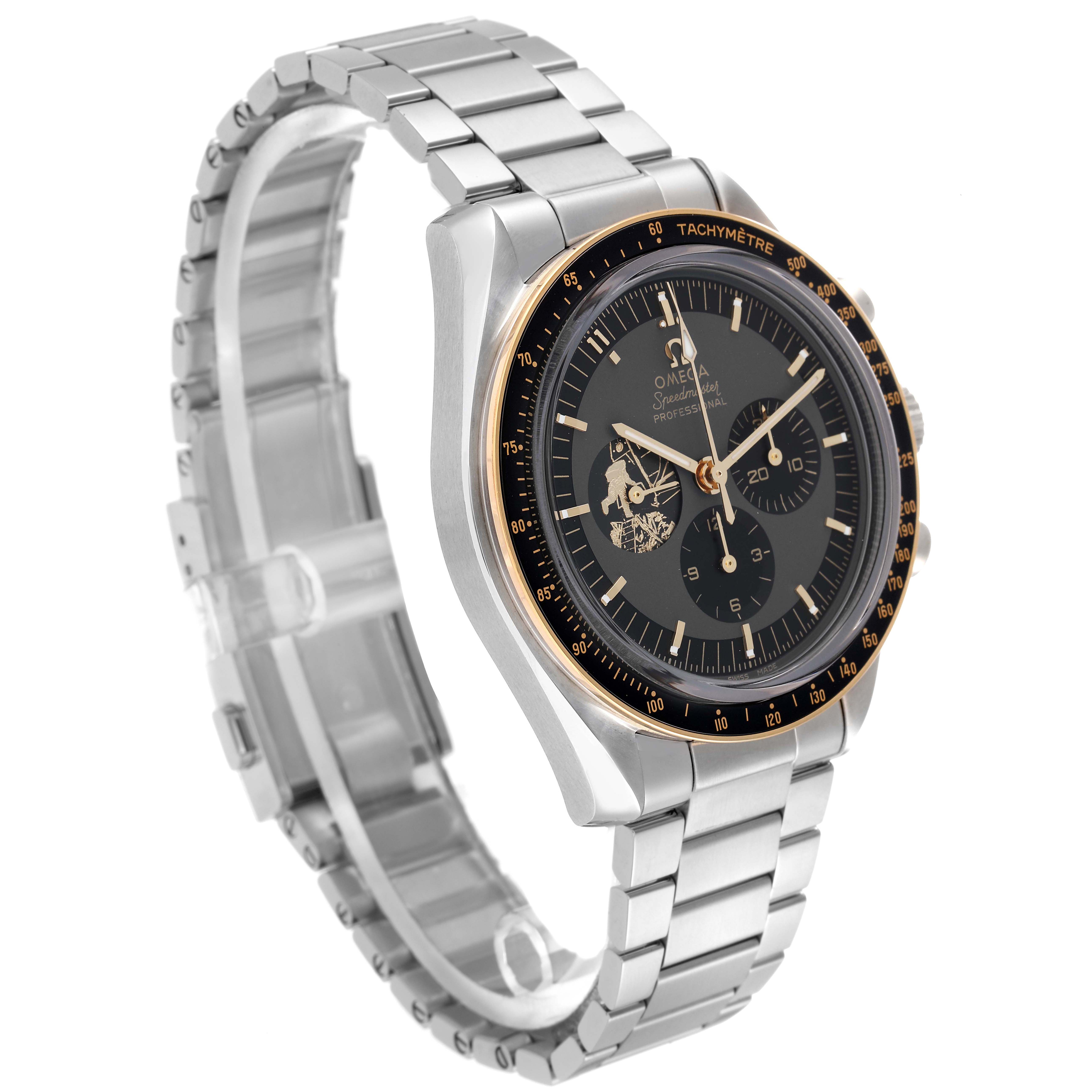 The Omega Speedmaster model 310.20.42.50.01.001 is shown at a front-side angle, displaying the dial, bezel, and metal bracelet.