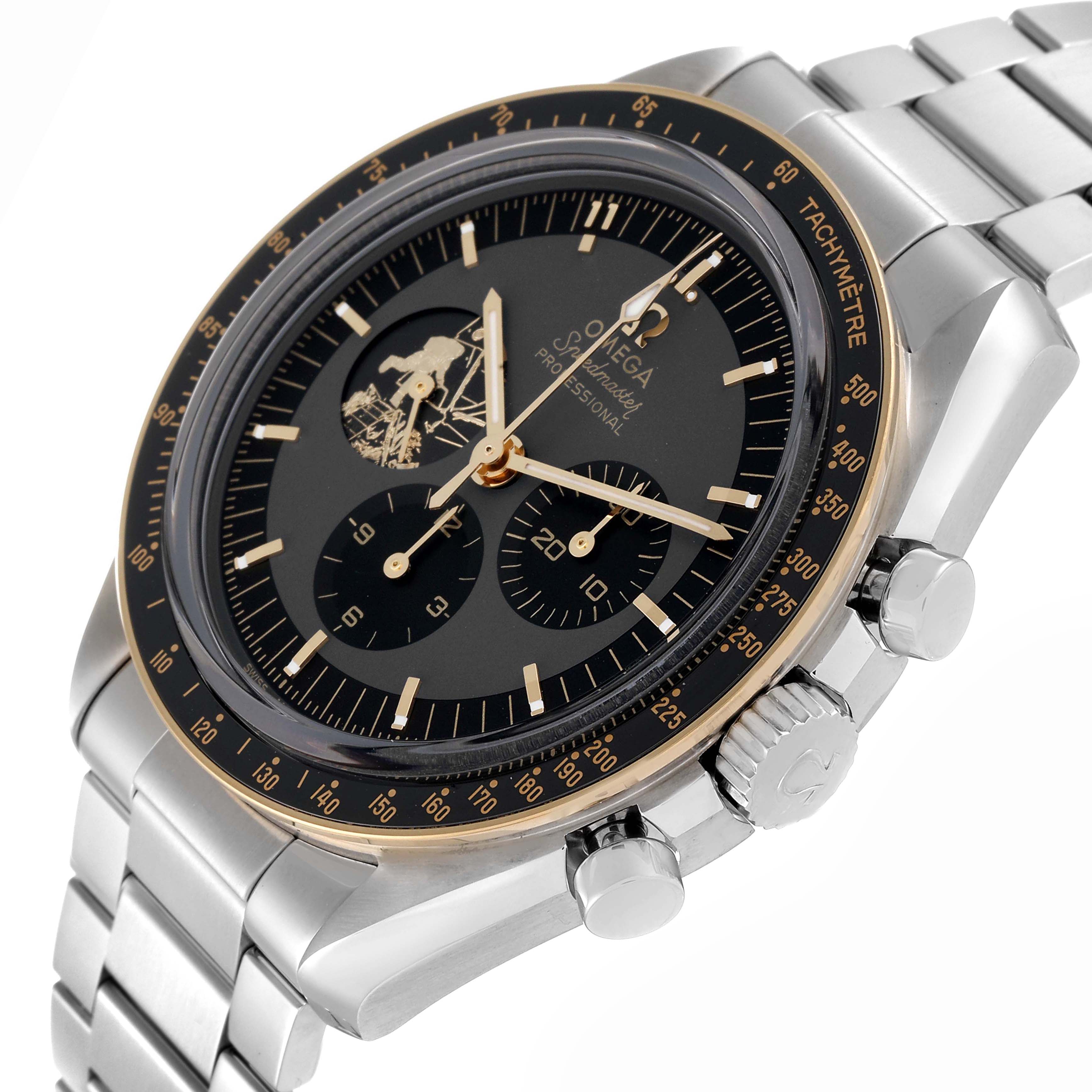 The Omega Speedmaster model 310.20.42.50.01.001 is shown at a slight angle, highlighting the bezel, dial, subdials, and steel bracelet.