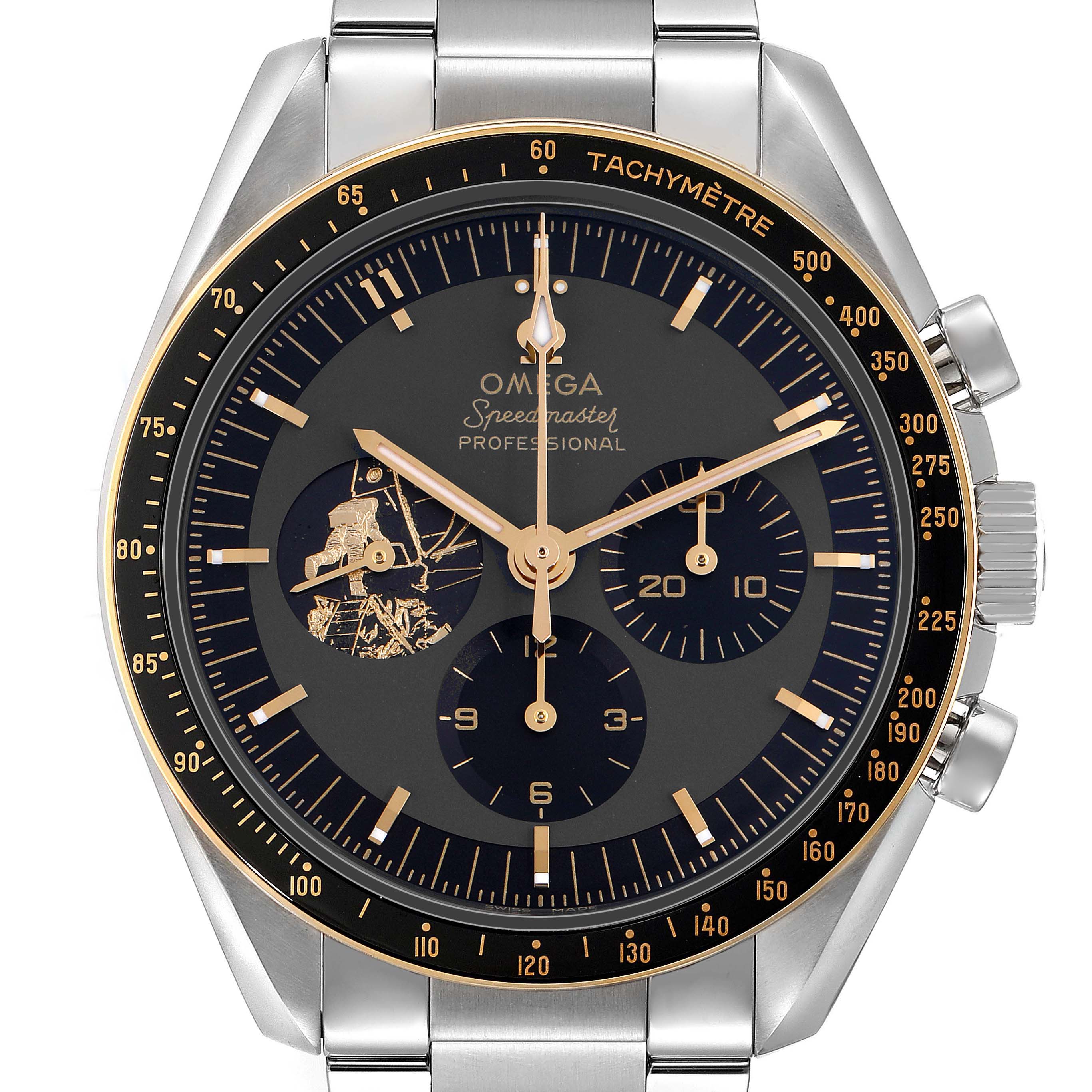 The image shows a frontal view of the Omega Speedmaster model 310.20.42.50.01.001, highlighting the dial, tachymeter bezel, chronograph subdials, and stainless steel bracelet.