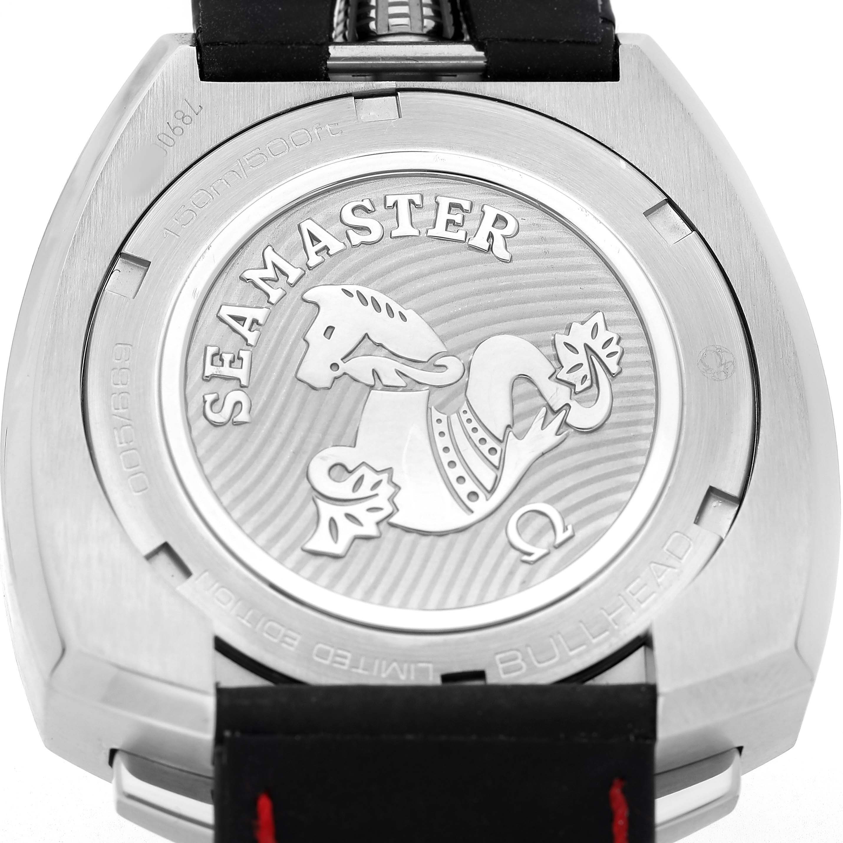 The image shows the case back of an Omega Seamaster Bullhead watch, highlighting its engraved design.