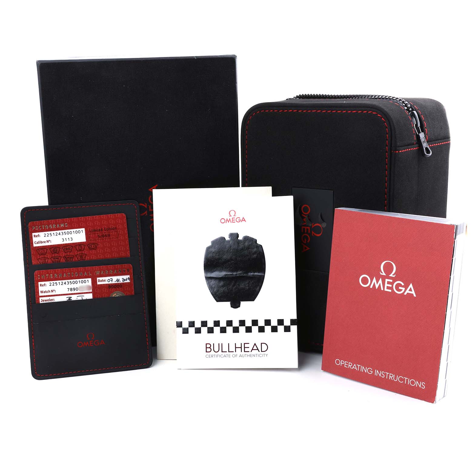 The image shows Omega Speedmaster 225.12.43.50.01.001 Men's Stainless Steel Black Dial accessories, including cards, a certificate, a box, and an instruction manual, viewed from the front.