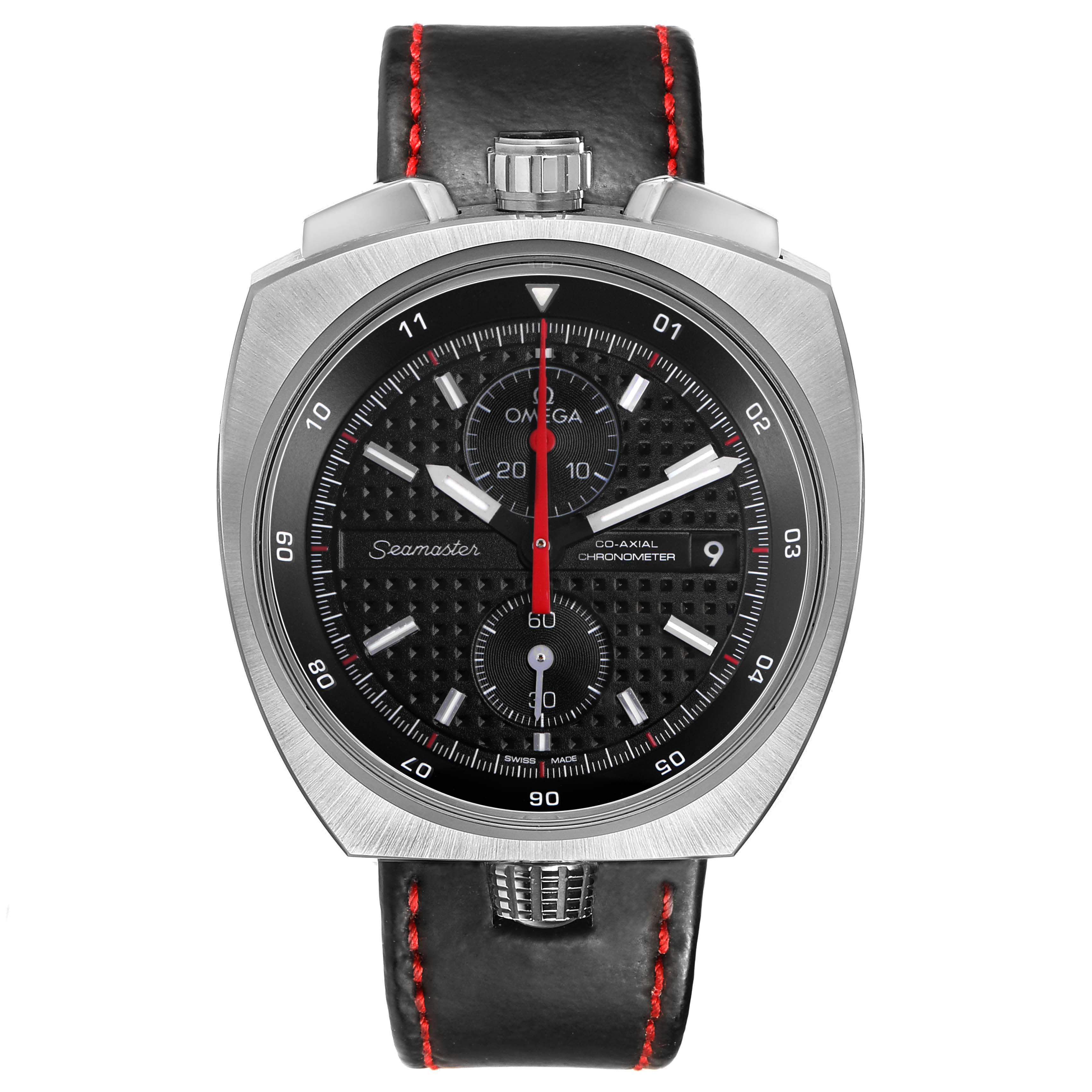 The Omega Speedmaster 225.12.43.50.01.001 Men's Stainless Steel Black Dial watch is shown from a top-down angle, highlighting its dial, bezel, and black leather strap with red stitching.