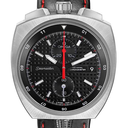 The Omega watch is shown from the front, highlighting the dial, bezel, and partially the crown.