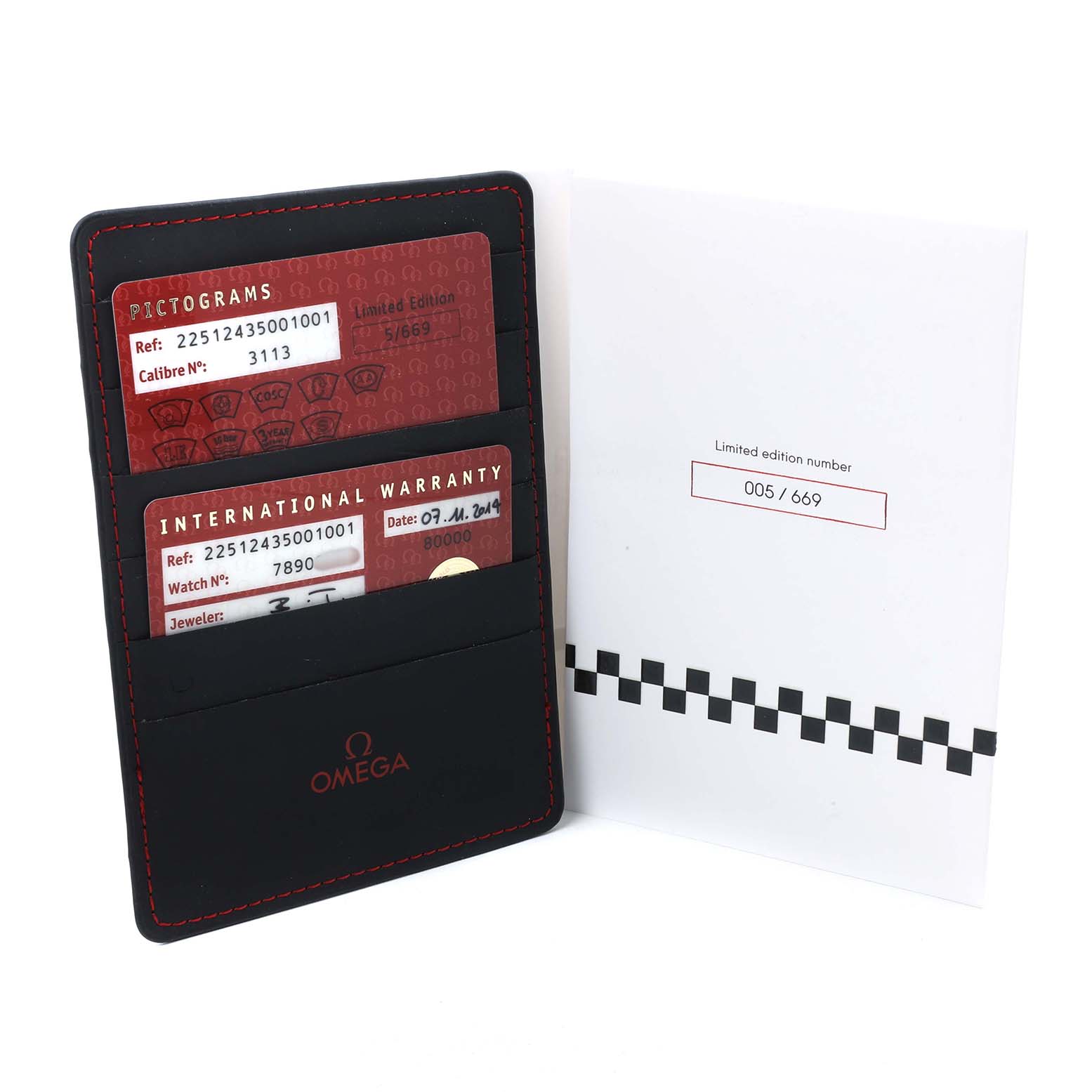 The image shows the Omega Speedmaster 225.12.43.50.01.001 Men's Stainless Steel Black Dial model's warranty cards and a limited edition certificate.