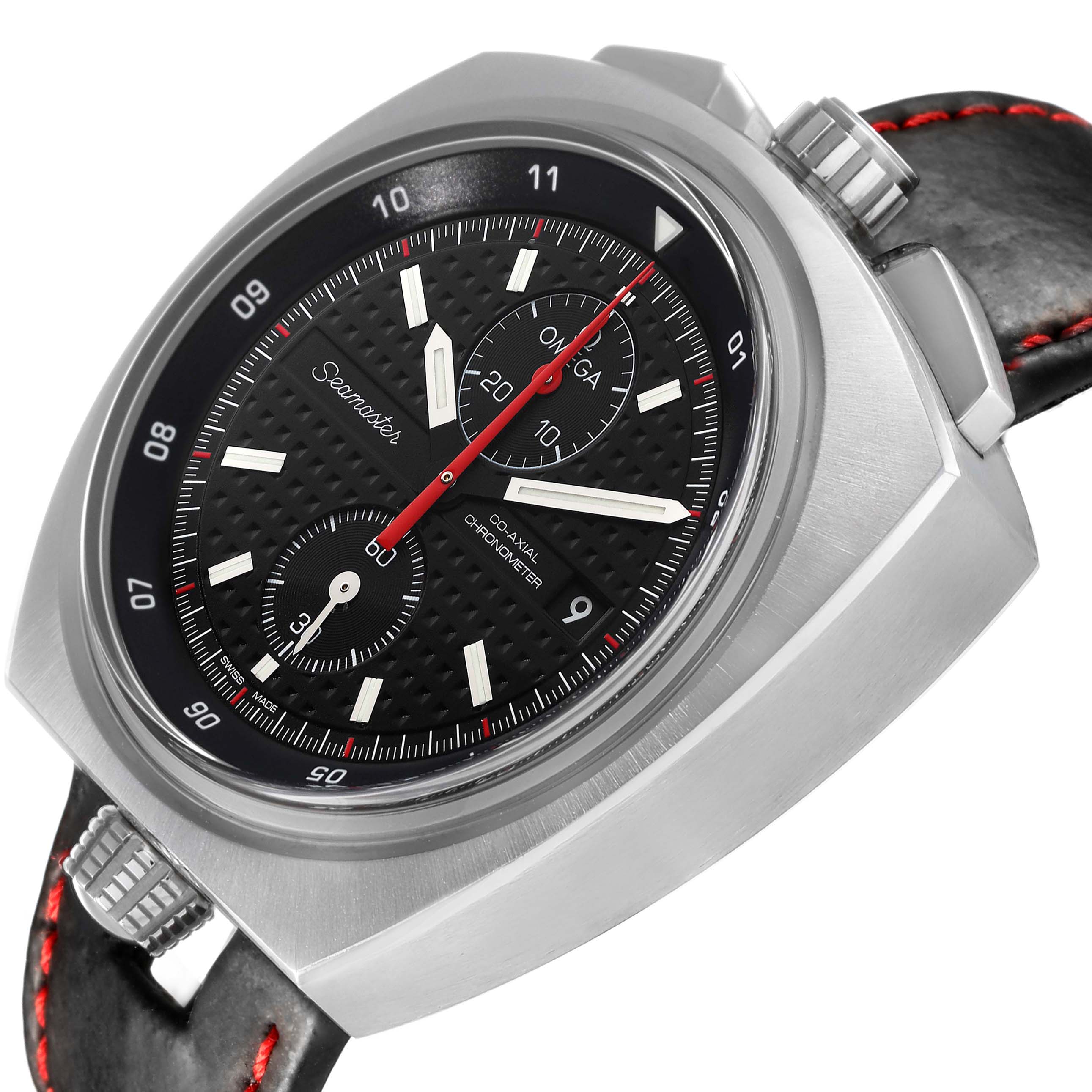 The Omega Speedmaster 225.12.43.50.01.001 Men's Stainless Steel Black Dial watch is shown from a 3/4 angle, highlighting the black dial, subdials, and the crown on its side.