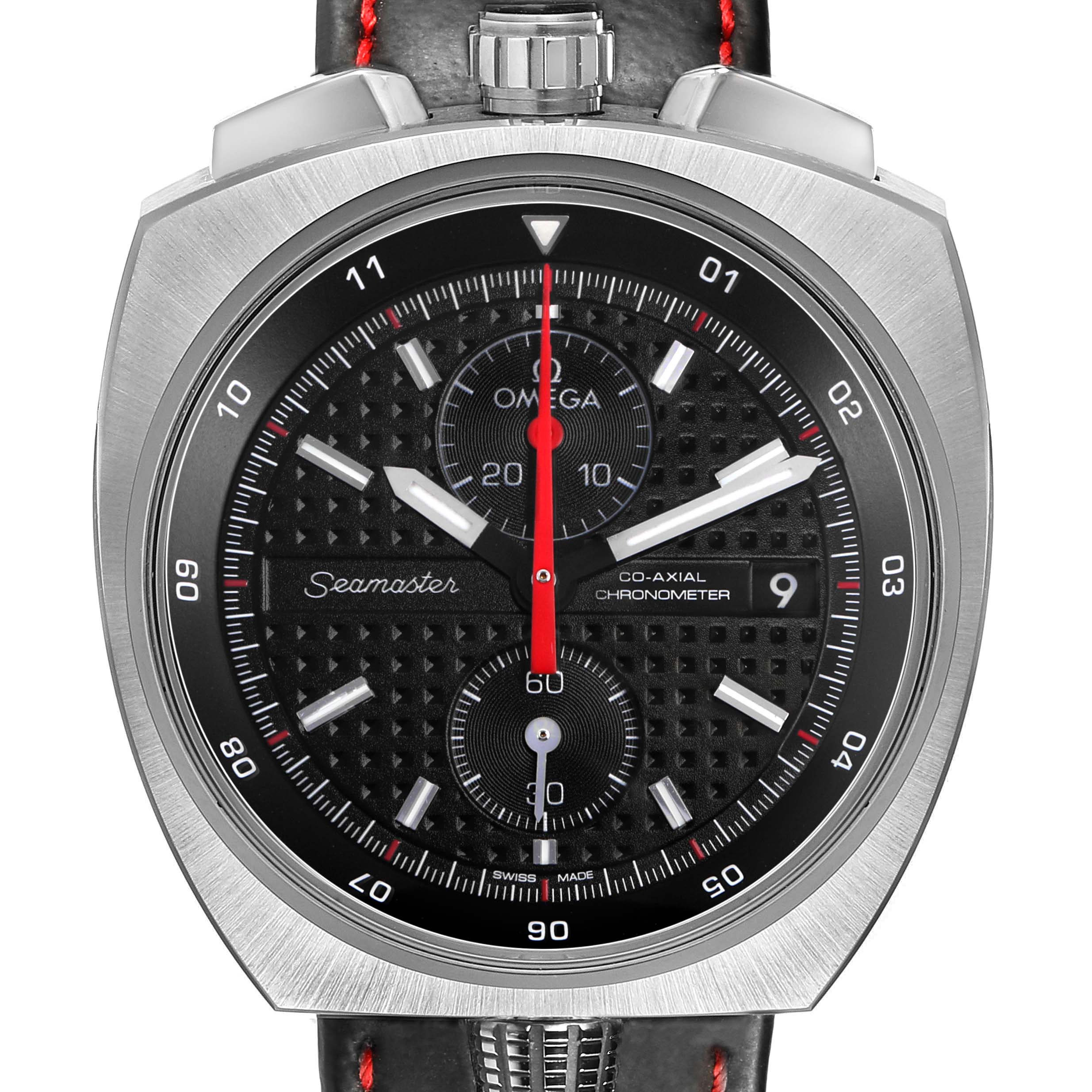 The Omega Speedmaster 225.12.43.50.01.001 Men's Stainless Steel Black Dial watch is shown from the front, highlighting the dial, subdials, hands, and bezel.