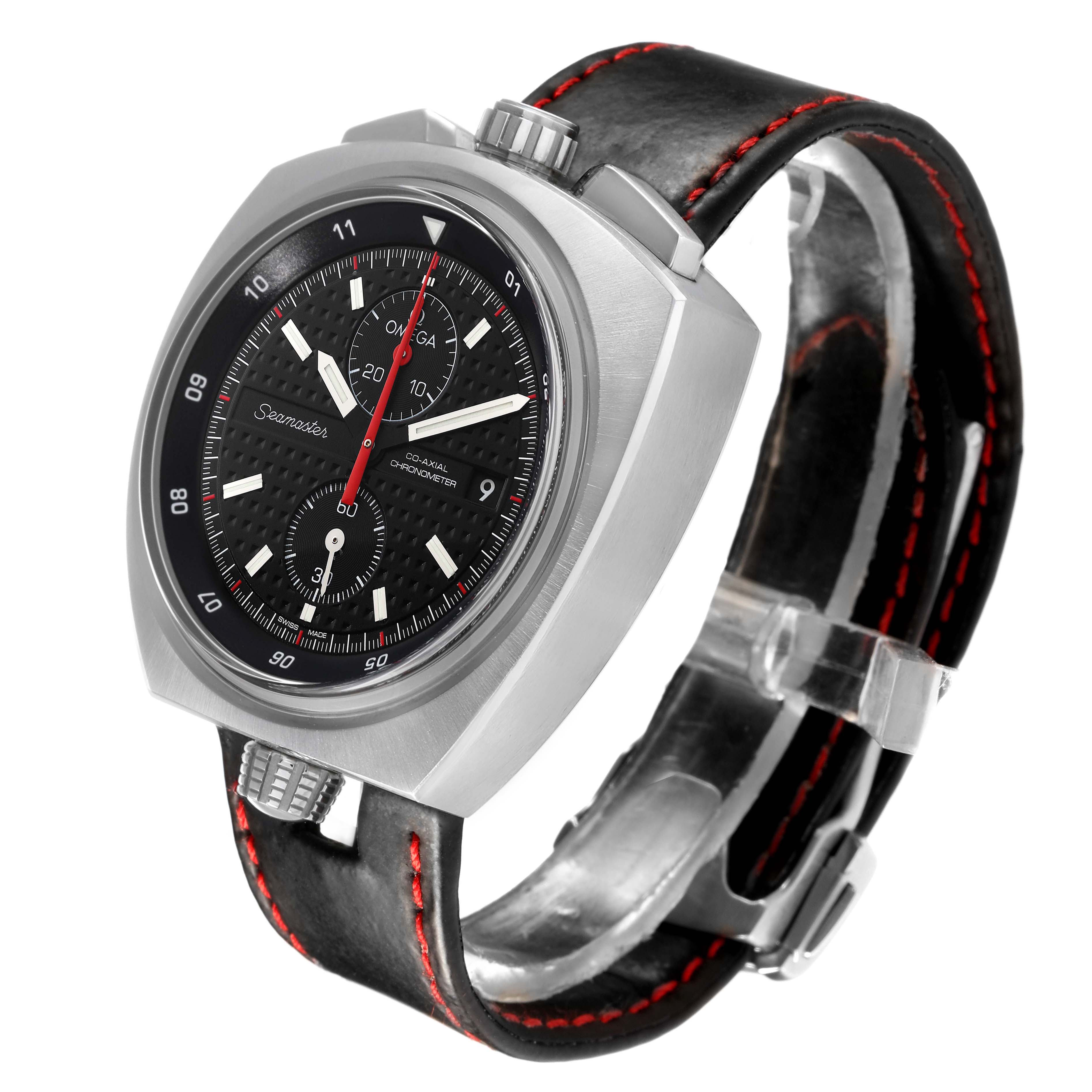 The Omega watch is shown at a front angle, highlighting its dial, bezel, crown, and leather strap with red stitching.