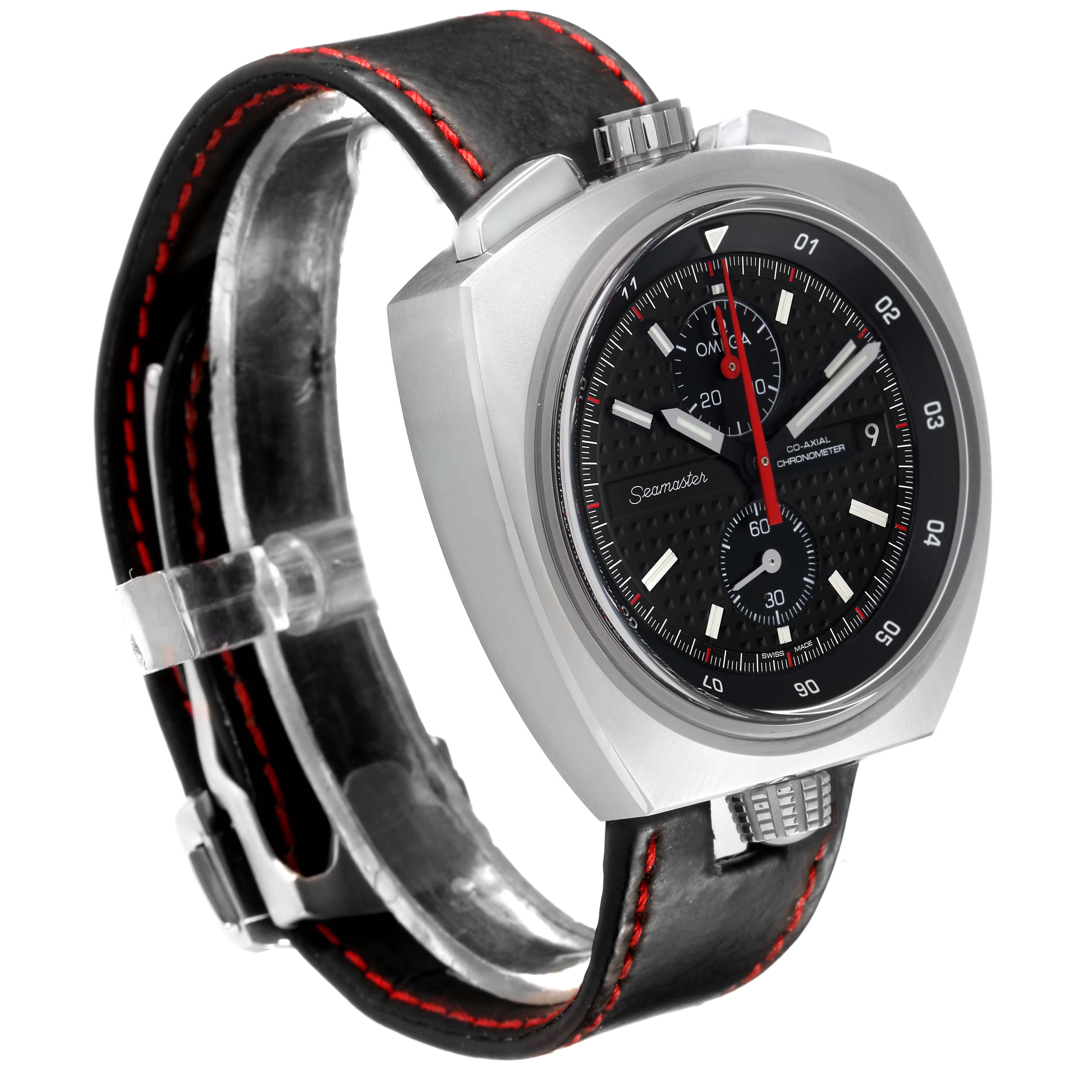 The Omega Speedmaster 225.12.43.50.01.001 Men's Stainless Steel Black Dial watch is shown at a three-quarter angle, highlighting the dial, case, crown, and leather strap.