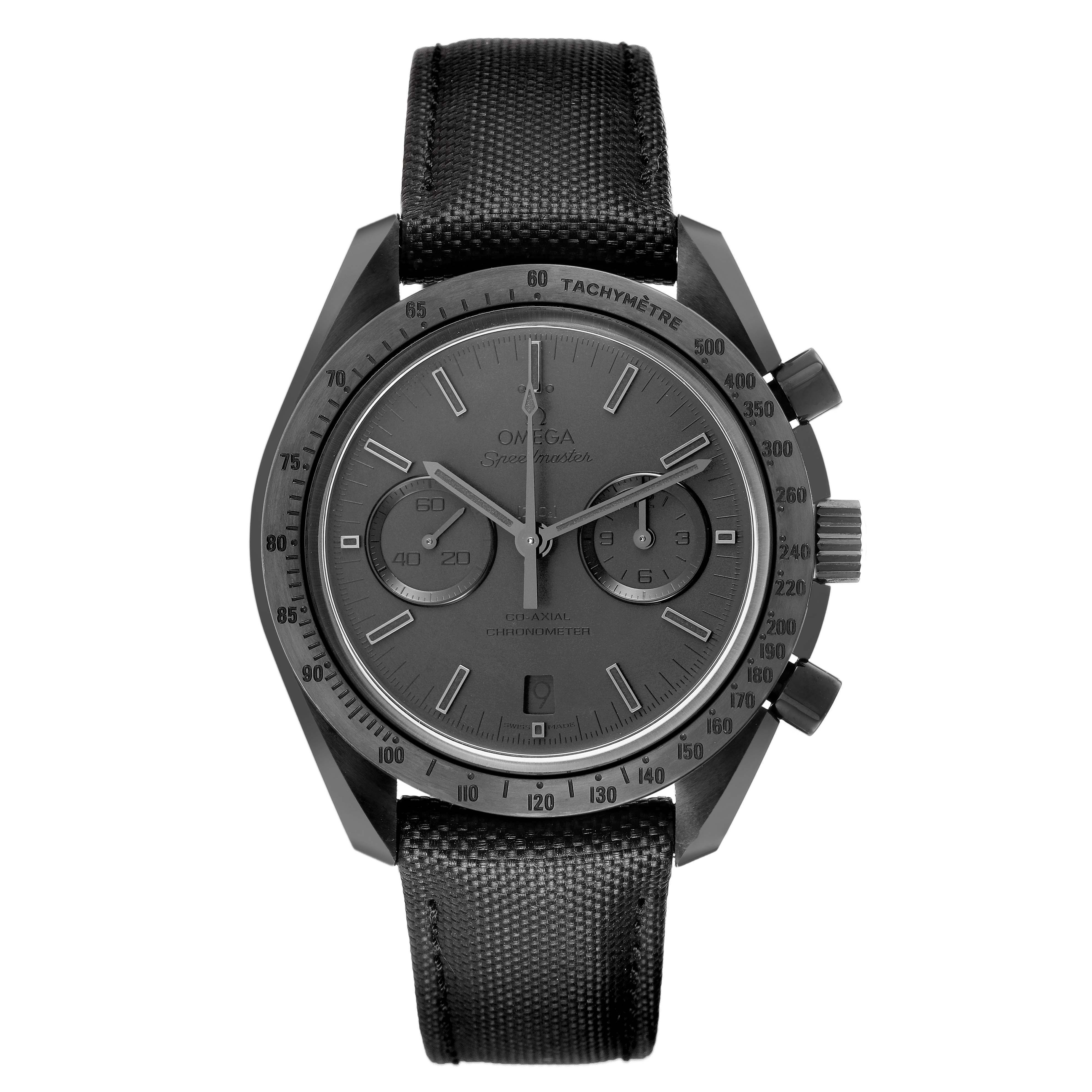 The Omega Speedmaster 311.92.44.51.01.005 Men's Ceramic Black Dial watch is shown from a front view, highlighting the dial, subdials, tachymeter bezel, and strap.