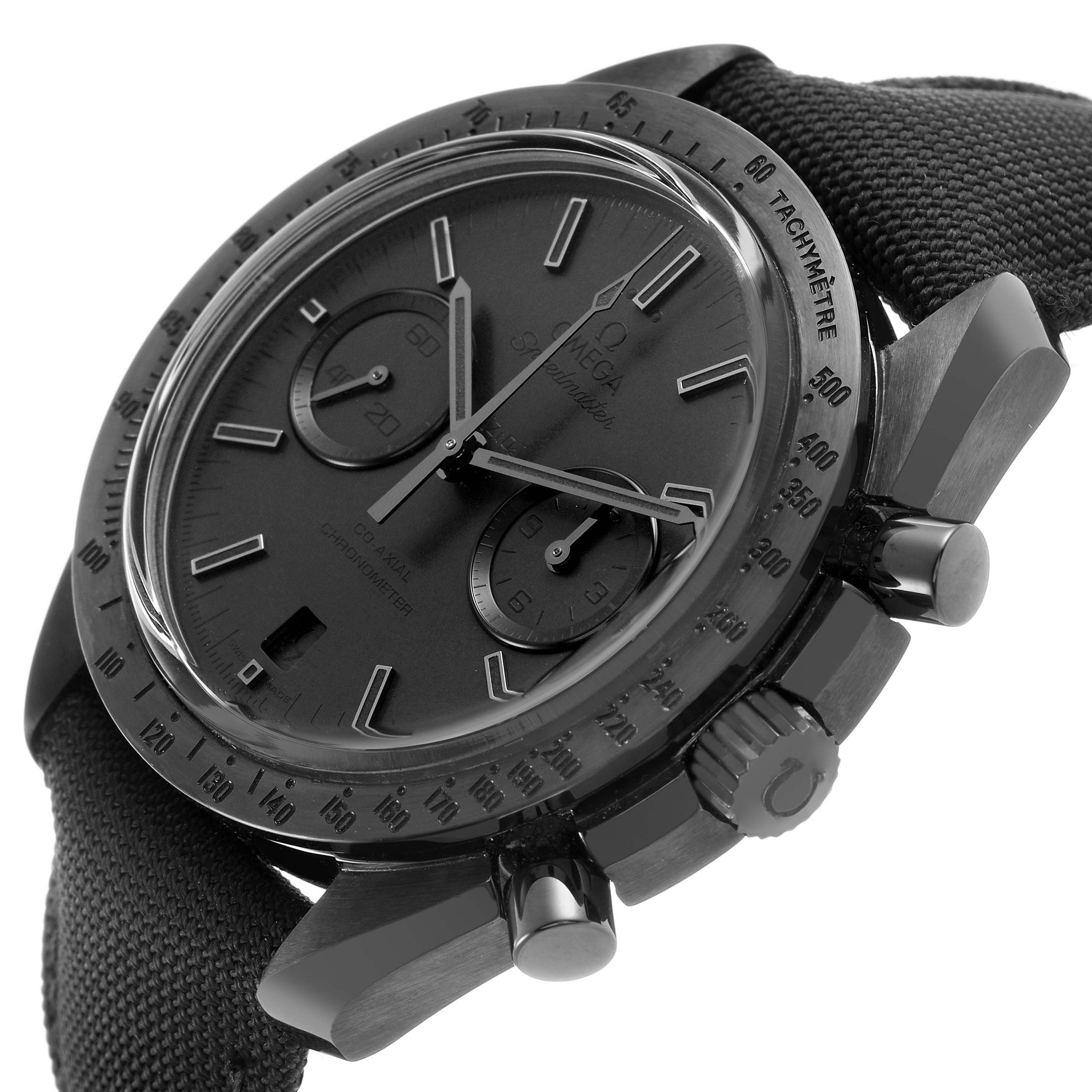 The Omega Speedmaster 311.92.44.51.01.005 Men's Ceramic Black Dial watch is shown at an angle highlighting the face, bezel, sub-dials, crown, and pushers.