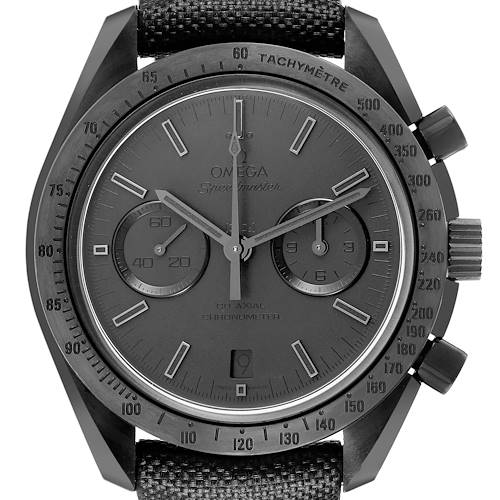 The Omega Speedmaster 311.92.44.51.01.005 Men's Ceramic Black Dial watch is shown from a front view, highlighting its dial, tachymeter bezel, and chronograph subdials.