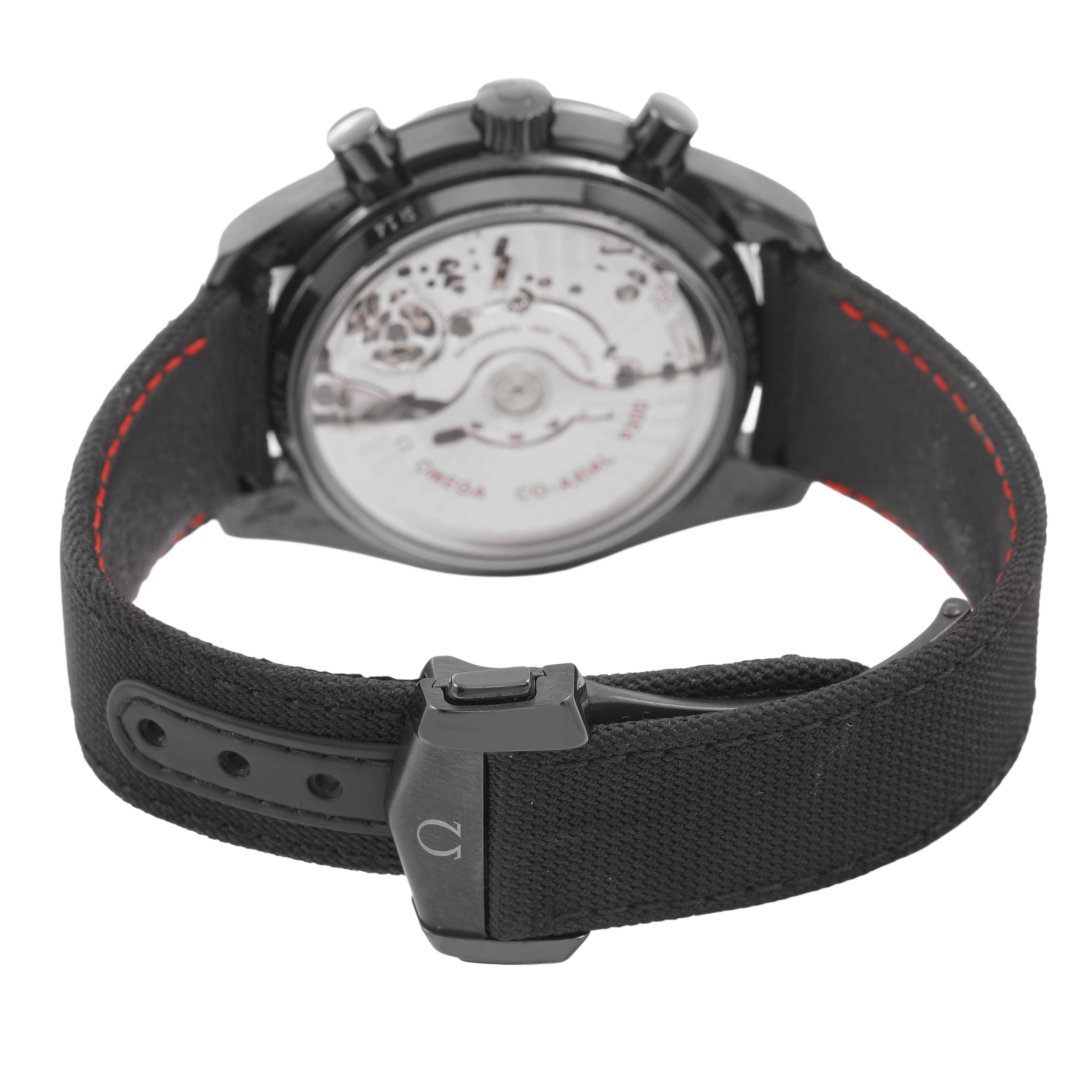 The Omega Speedmaster 311.92.44.51.01.005 Men's Ceramic Black Dial is shown from the back, highlighting the transparent case back and movement, along with the strap and clasp.