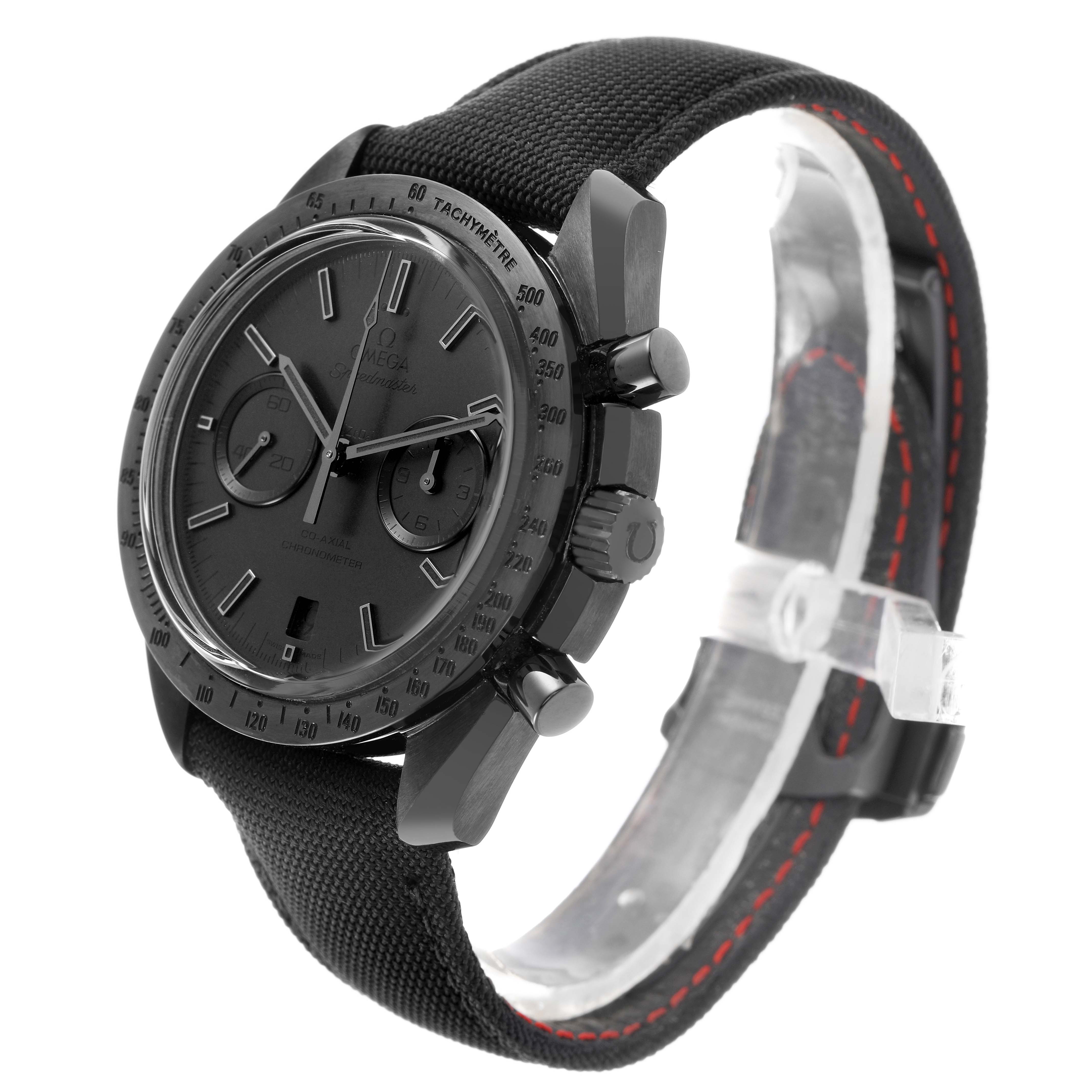 The Omega Speedmaster 311.92.44.51.01.005 Men's Ceramic Black Dial is shown at a side angle, highlighting the case, dial, crown, pushers, and strap.