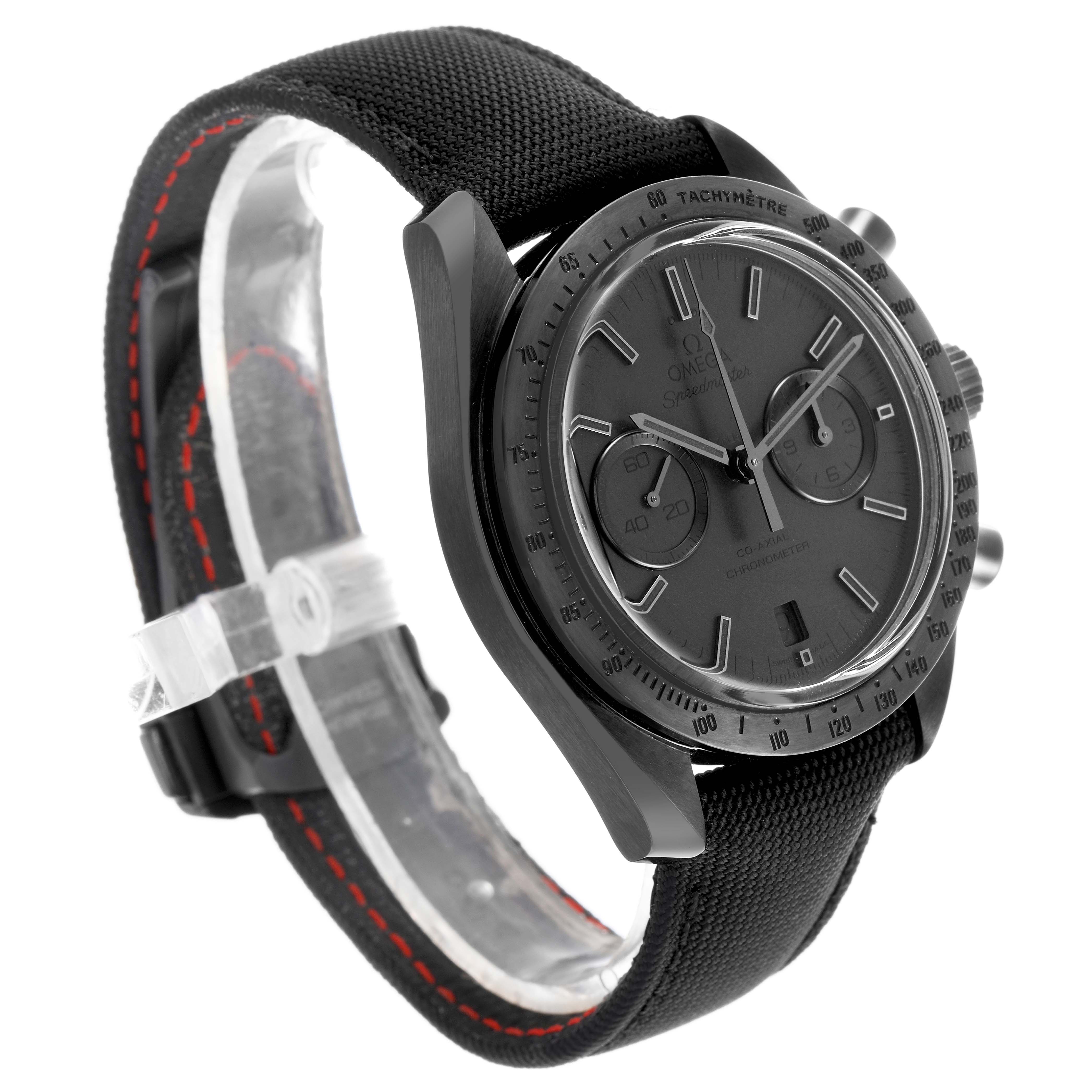 The Omega Speedmaster 311.92.44.51.01.005 Men's Ceramic Black Dial watch is shown at an angled side view, featuring the face, bezel, and strap.