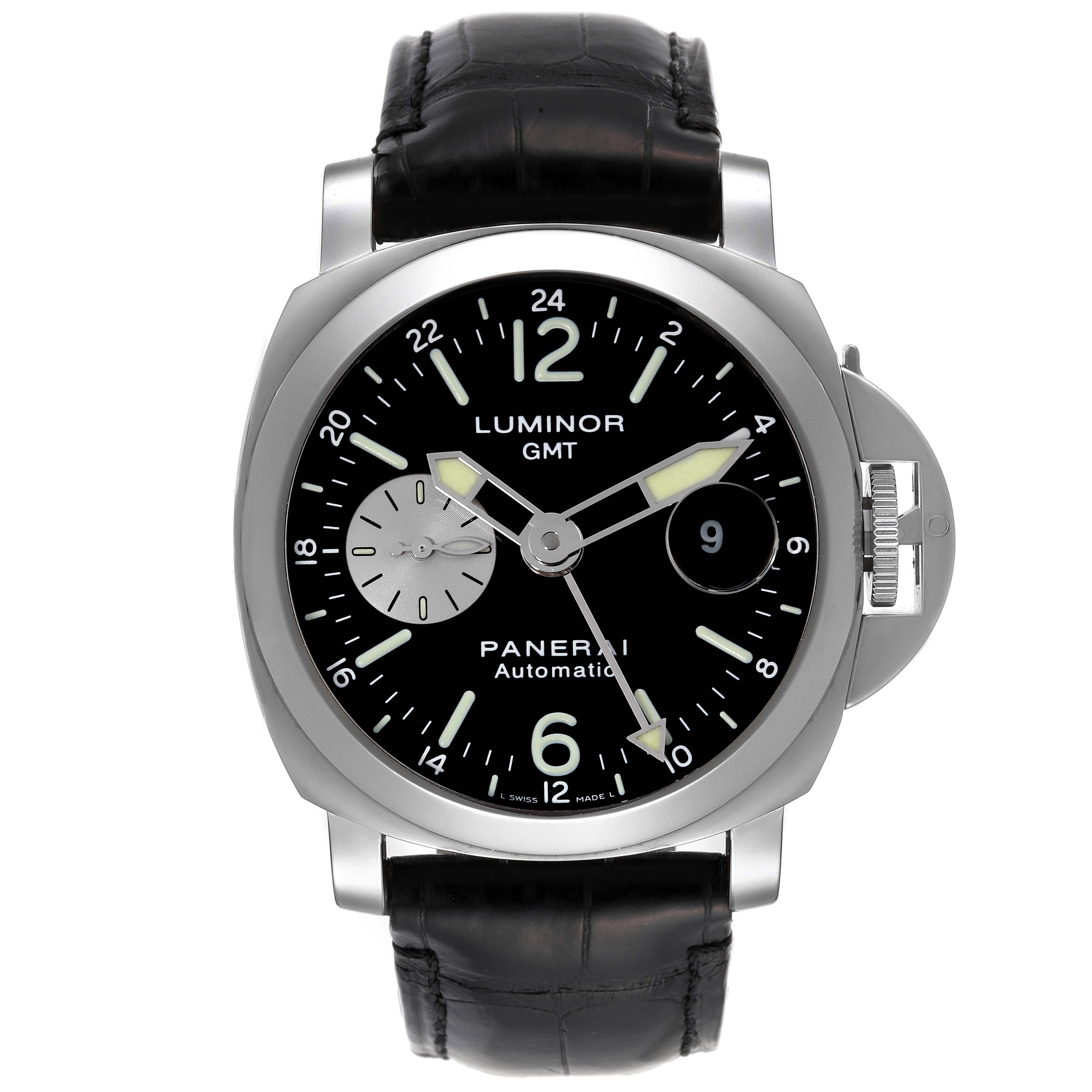 The image shows a frontal view of a Panerai Luminor PAM00088 Men
s Stainless Steel Black Dial PAM00088 Men
s Stainless Steel Black Dial GMT watch, displaying its dial, hands, case, and leather strap.