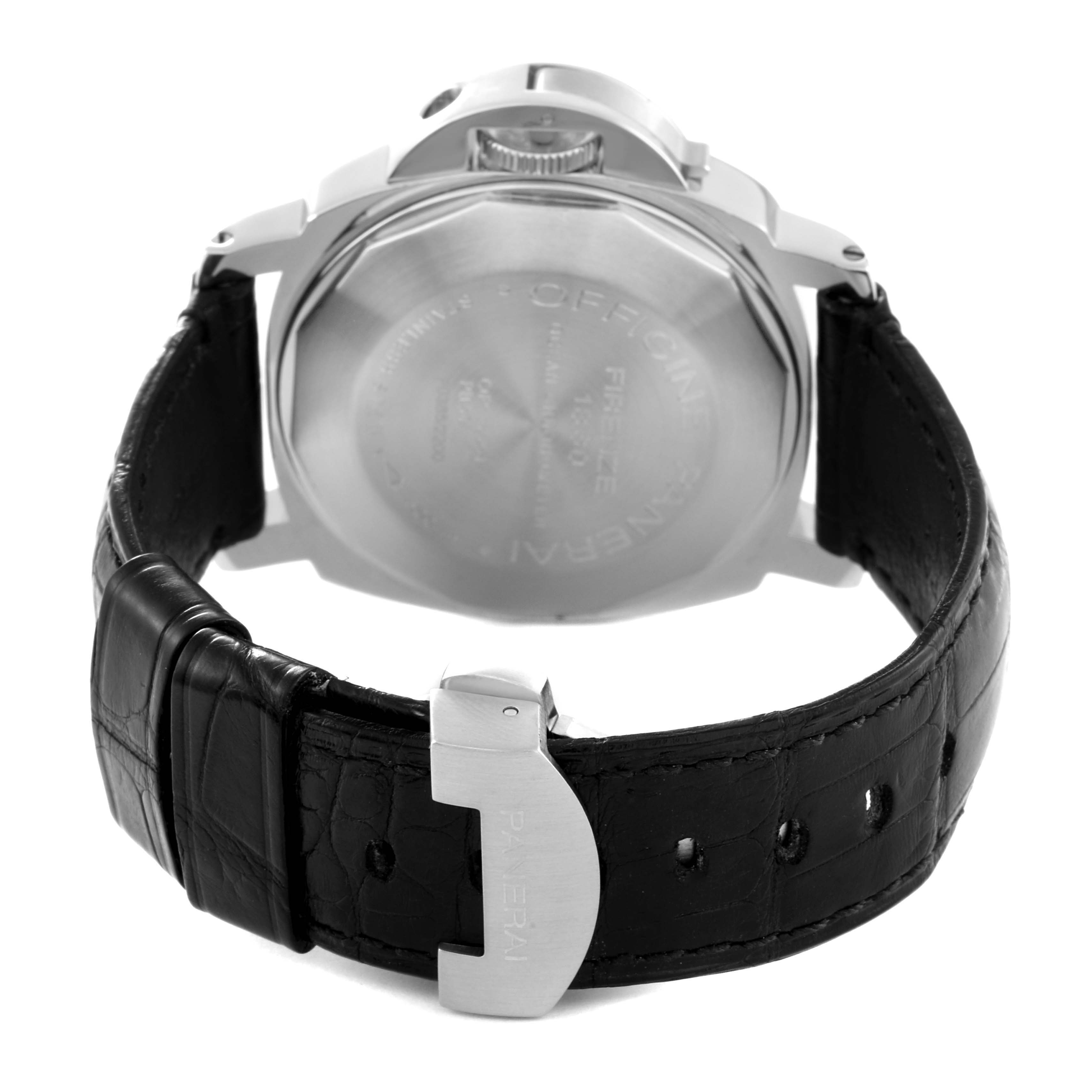 The image shows the back view of a Panerai Luminor PAM00088 Men
s Stainless Steel Black Dial PAM00088 Men
s Stainless Steel Black Dial watch, highlighting the case back, crown guard, and leather strap with buckle.