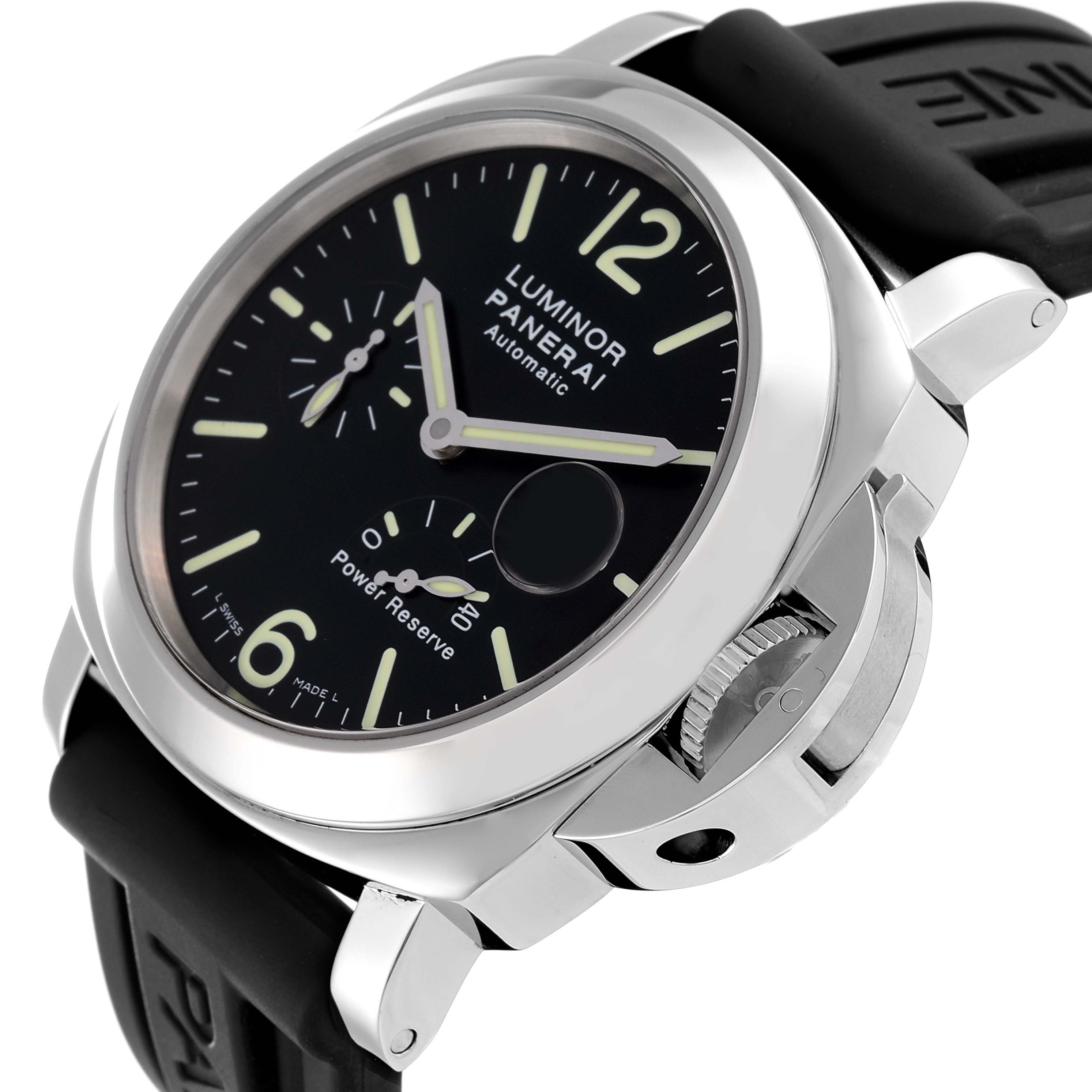 This image shows a Panerai Luminor PAM00090 Men
s Stainless Steel Black Dial PAM00090 Men
s Stainless Steel Black Dial watch at a side angle, highlighting the dial, crown guard, and rubber strap.