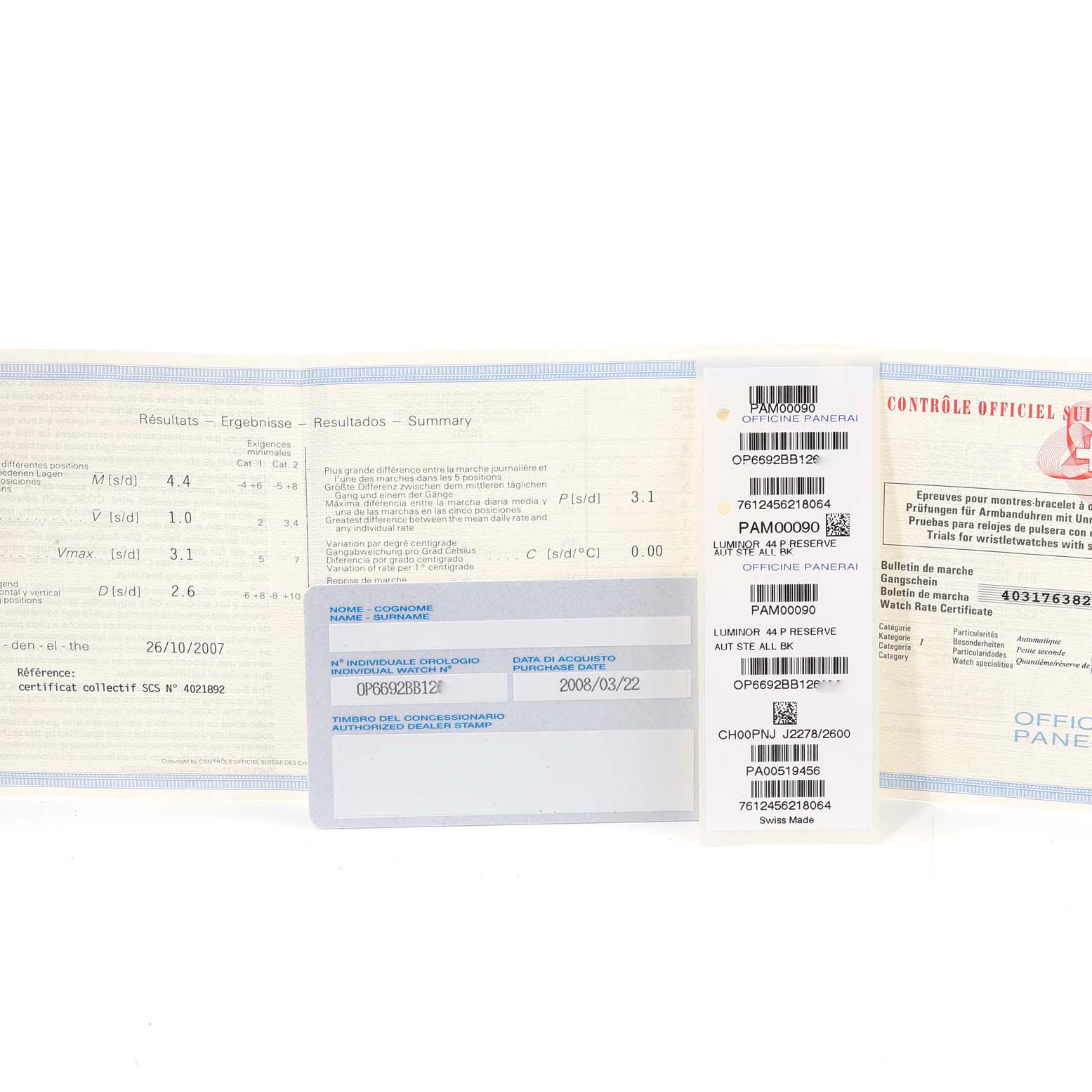 The image shows the paperwork and certificates for a Panerai Luminor PAM00090 Men
s Stainless Steel Black Dial PAM00090 Men
s Stainless Steel Black Dial watch, including warranty and Best Quality
ity documents.