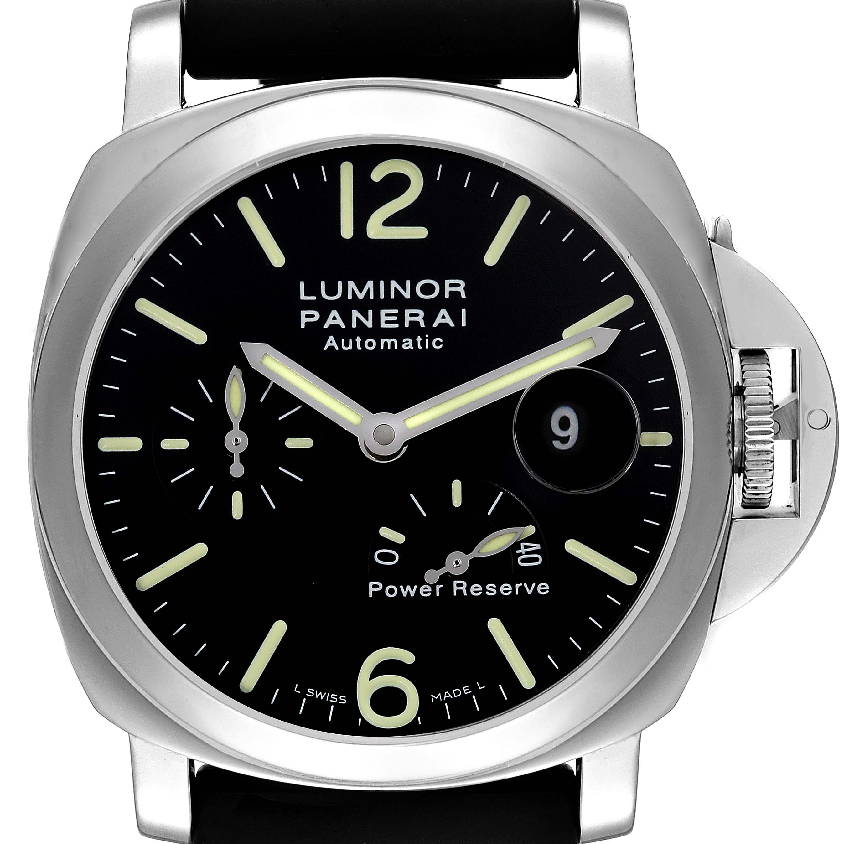 The image shows the face of the Panerai Luminor PAM00090 Men
s Stainless Steel Black Dial PAM00090 Men
s Stainless Steel Black Dial model watch from a frontal angle, displaying its dial and crown.
