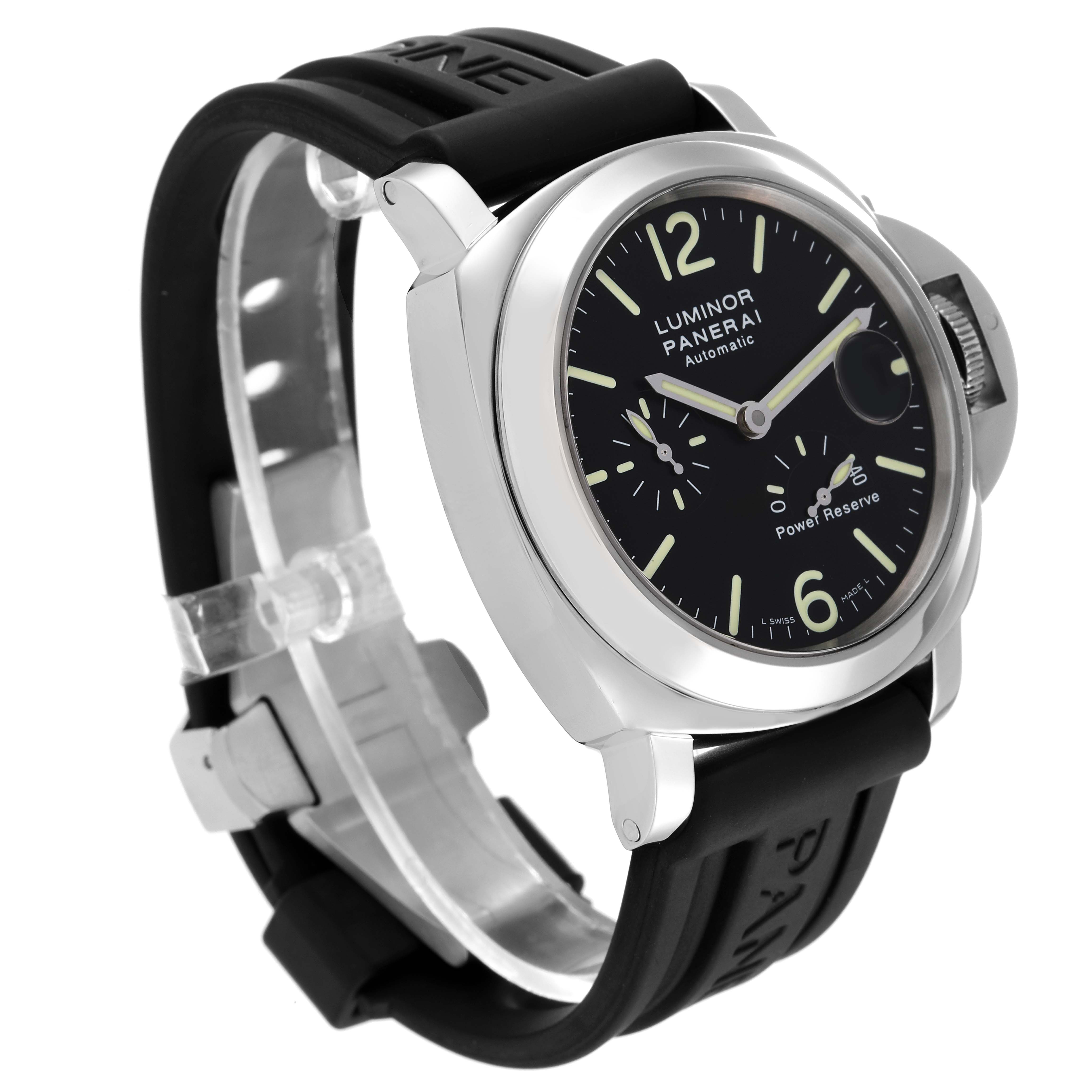 The image shows a side-angle view of the Panerai Luminor PAM00090 Men
s Stainless Steel Black Dial PAM00090 Men
s Stainless Steel Black Dial watch, highlighting the face, bezel, crown guard, and black strap.