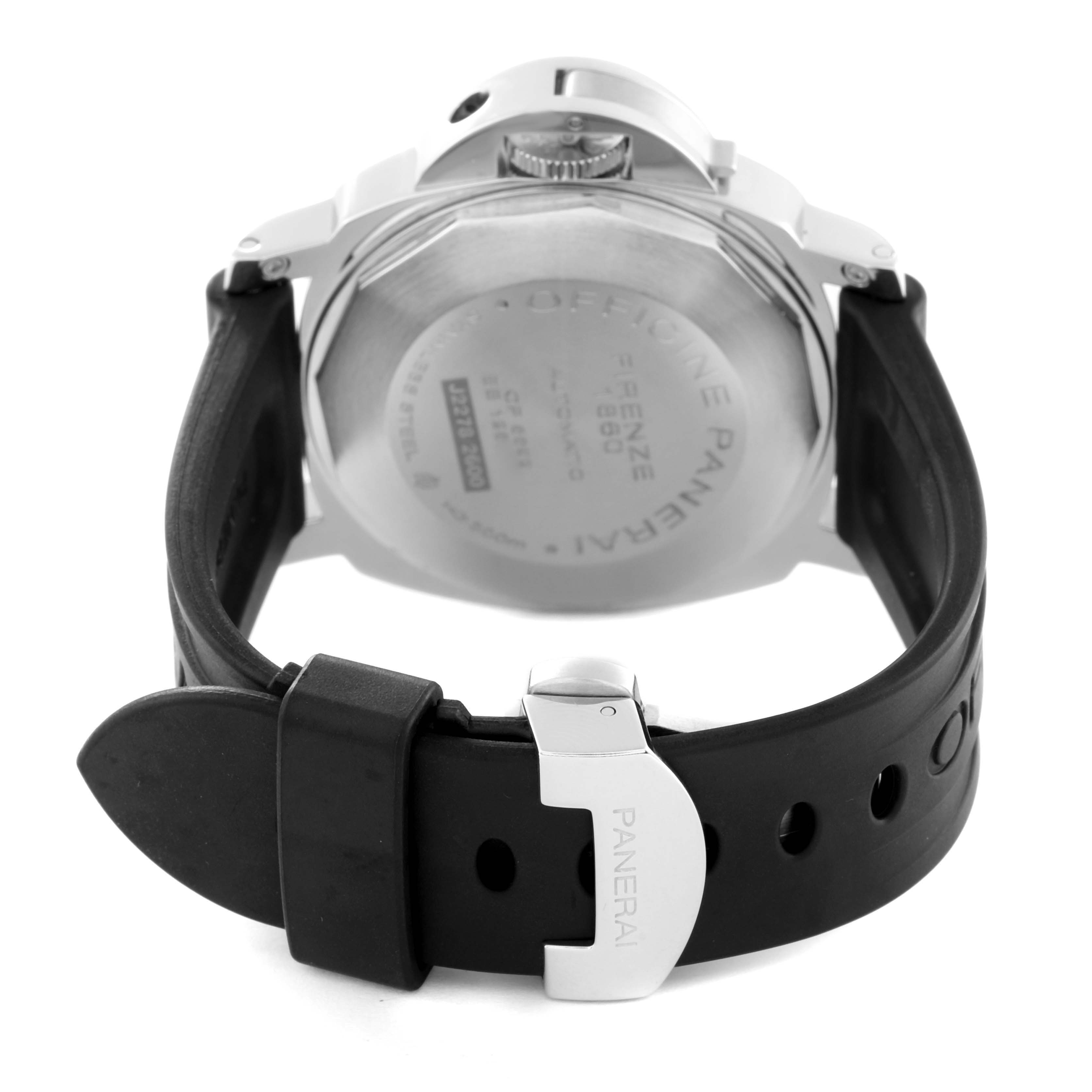 The image shows the back view of the Panerai Luminor PAM00090 Men
s Stainless Steel Black Dial PAM00090 Men
s Stainless Steel Black Dial watch, featuring its case back and black strap with a Panerai branded buckle.