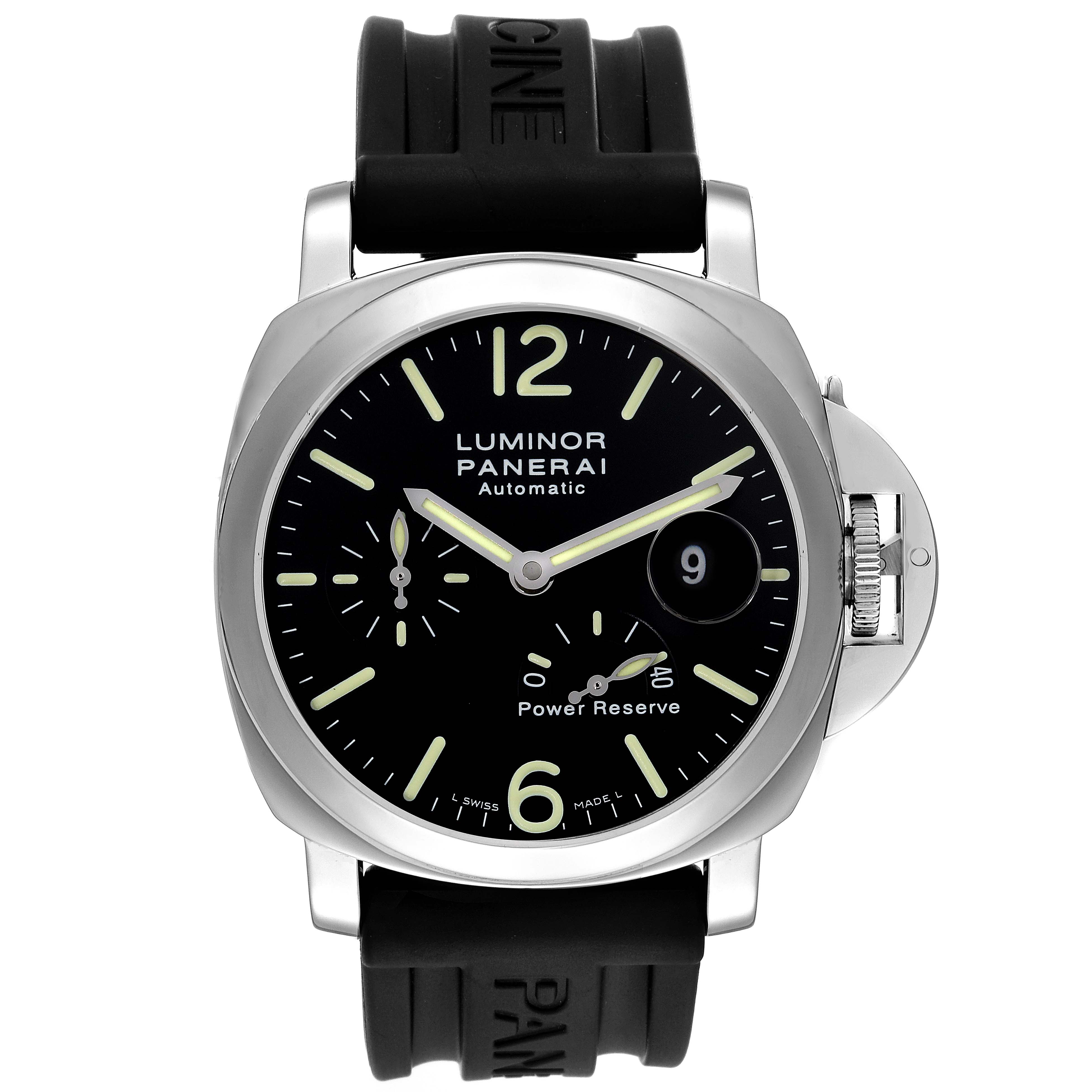 This is a front view of the Panerai Luminor PAM00090 Men
s Stainless Steel Black Dial PAM00090 Men
s Stainless Steel Black Dial showing its dial, case, and rubber strap.
